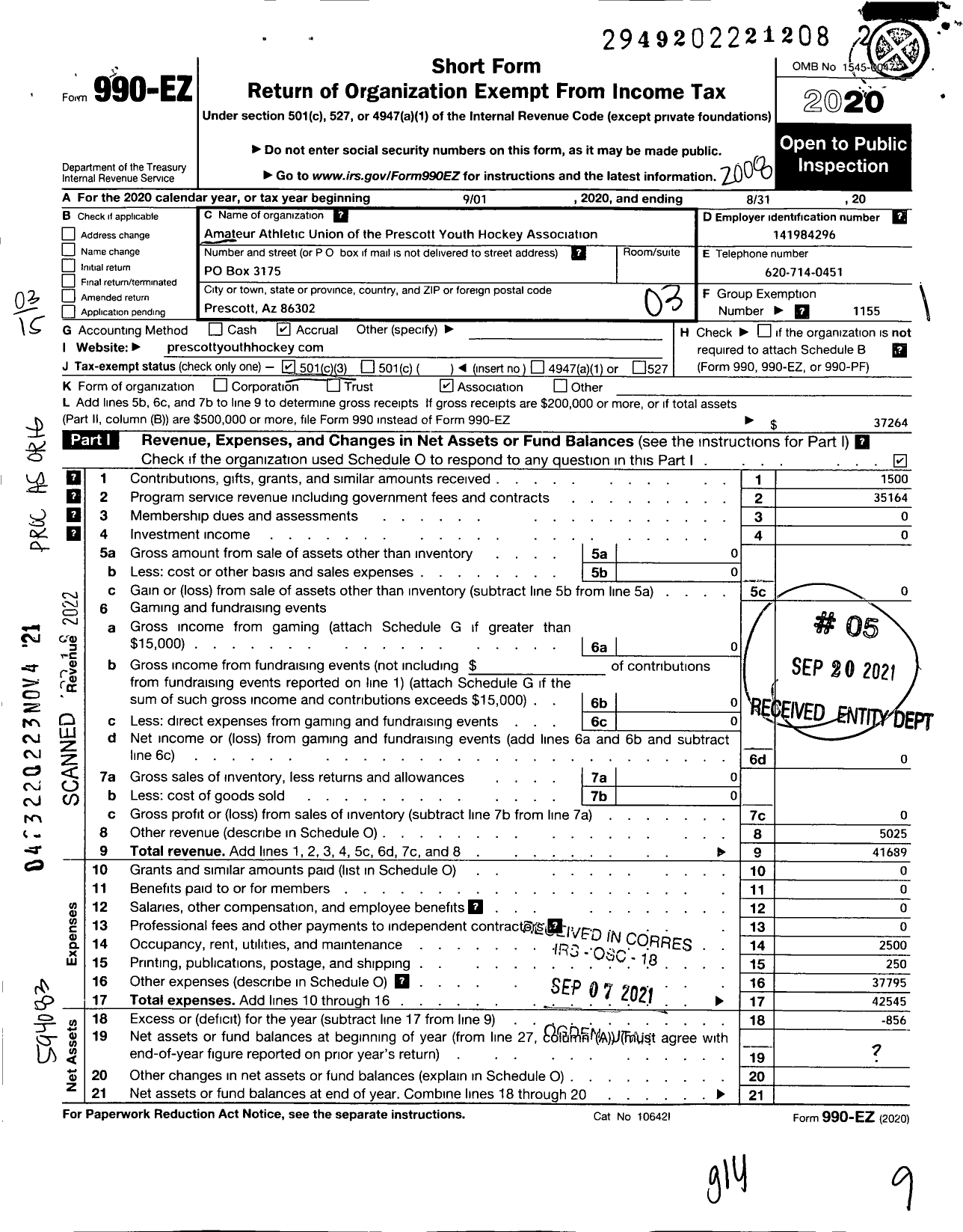 Image of first page of 2019 Form 990EZ for Amateur Athletic Union - Prescott Youth Hockey Association