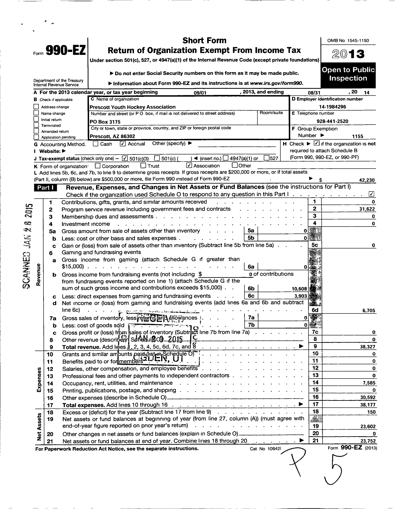 Image of first page of 2013 Form 990EZ for Amateur Athletic Union - Prescott Youth Hockey Association