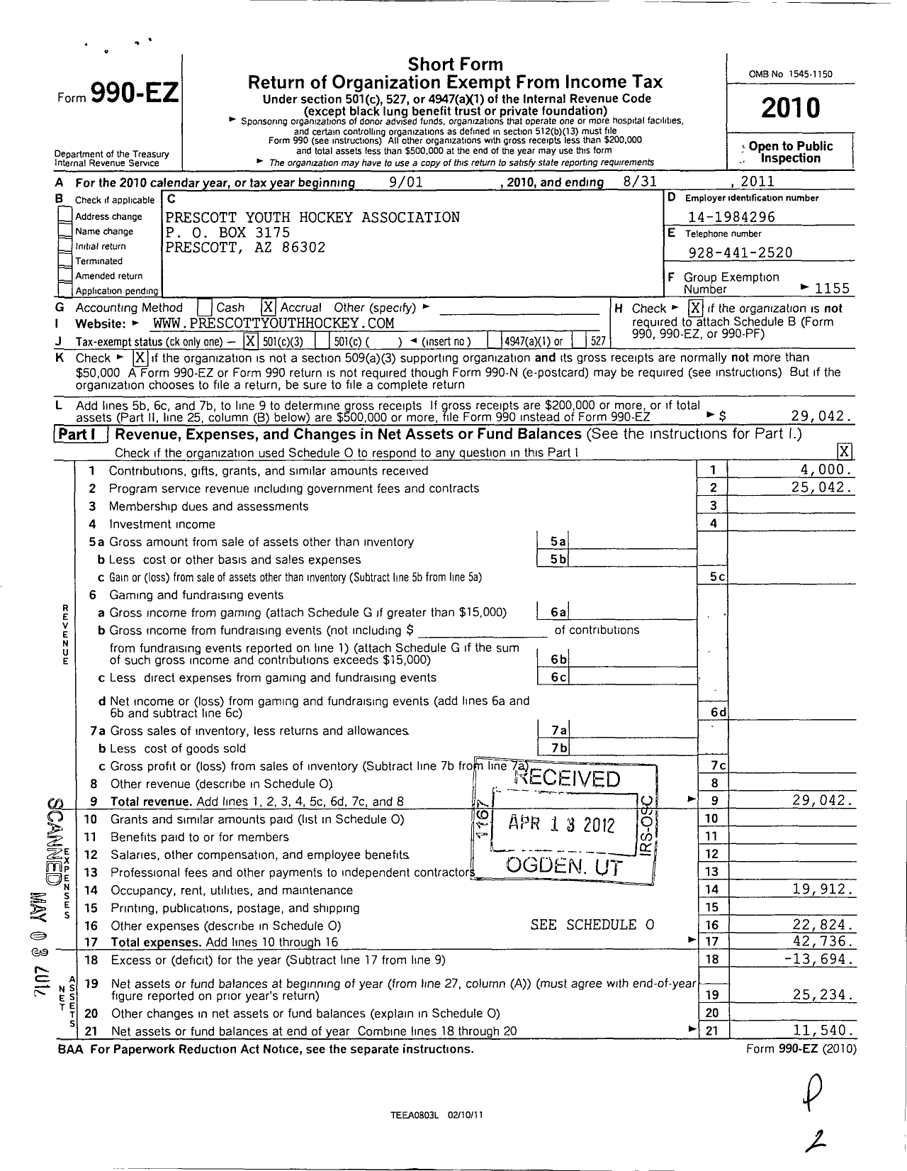 Image of first page of 2010 Form 990EZ for Amateur Athletic Union - Prescott Youth Hockey Association