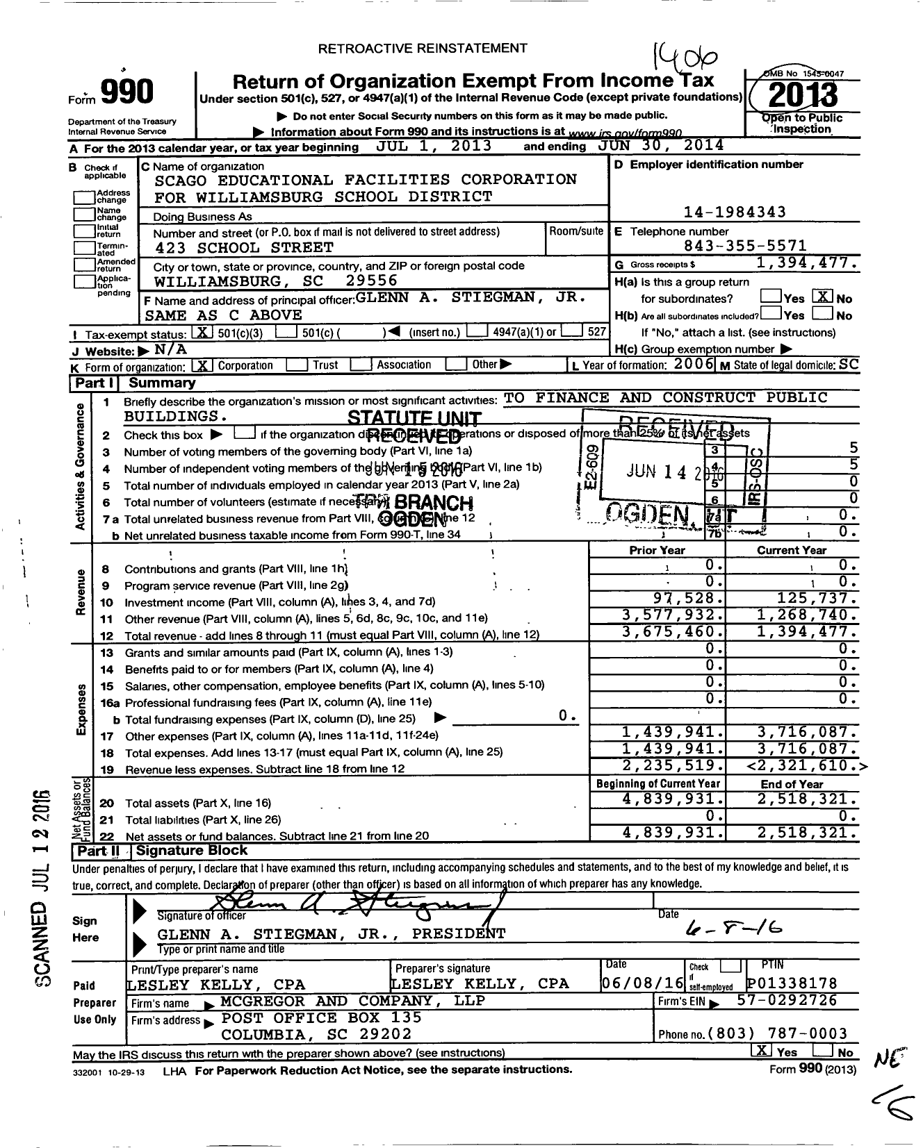 Image of first page of 2013 Form 990 for Scago Educational Facilities Corporation for Williamsburg School
