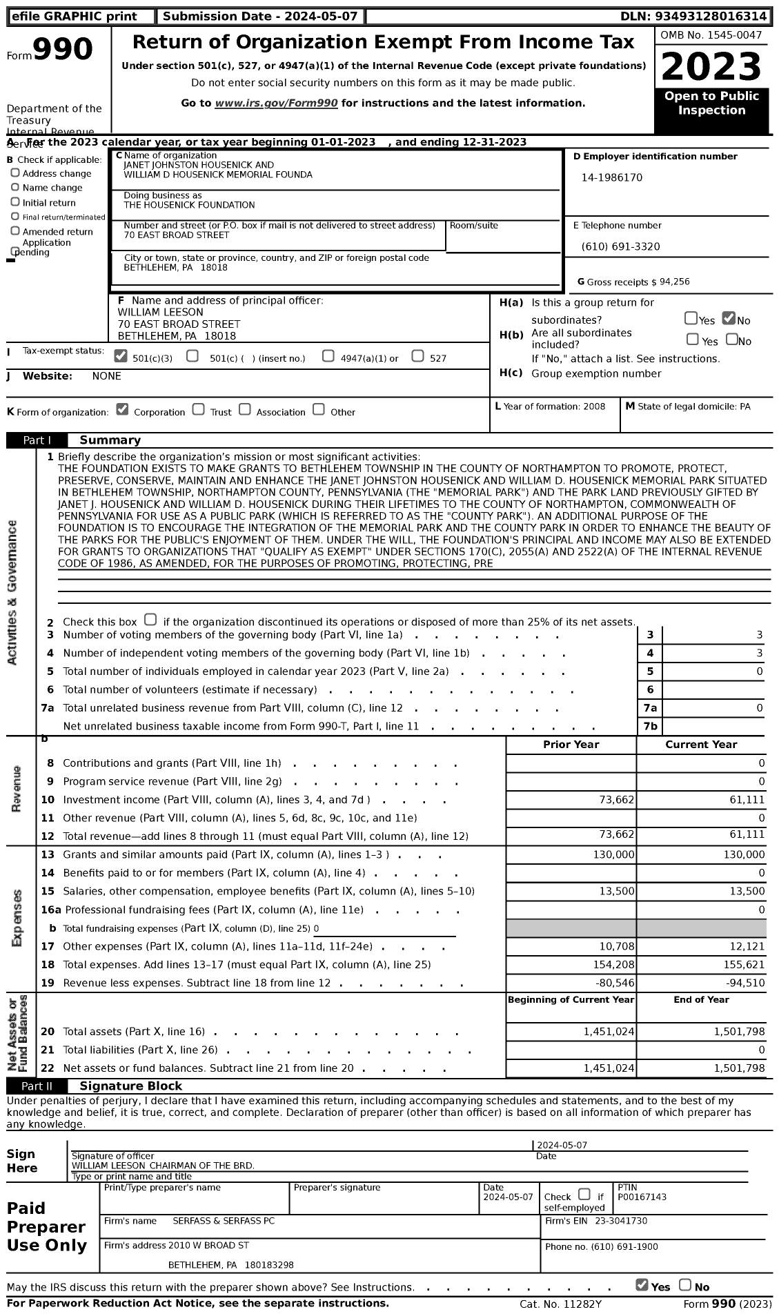 Image of first page of 2023 Form 990 for The Housenick Foundation