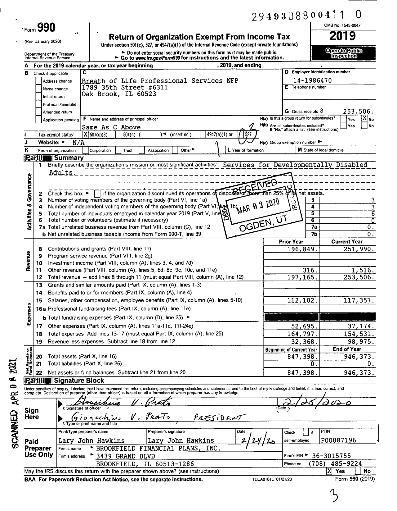 Image of first page of 2019 Form 990 for Breath of Life Professional Services