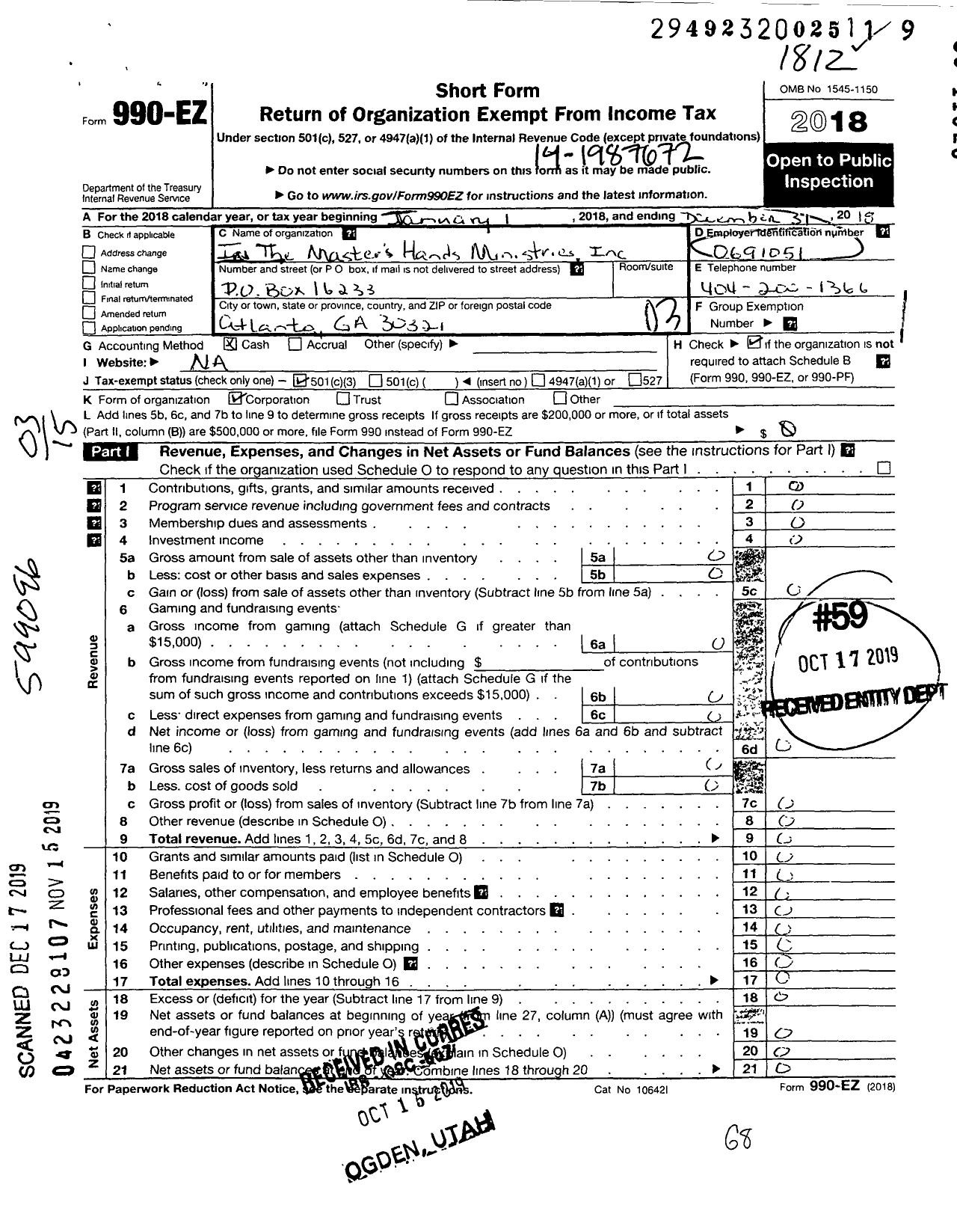 Image of first page of 2018 Form 990EZ for In the Masters Hands Ministries