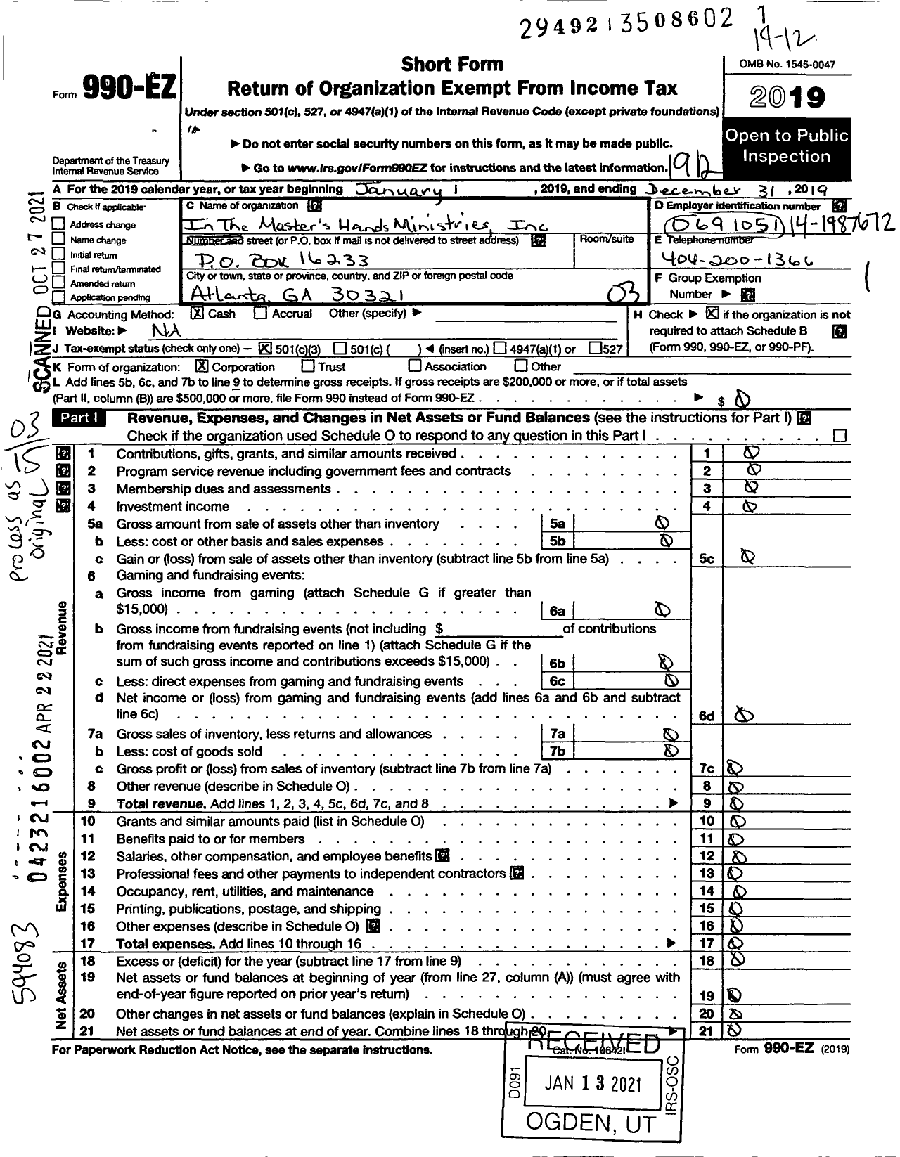 Image of first page of 2019 Form 990EZ for In the Masters Hands Ministries