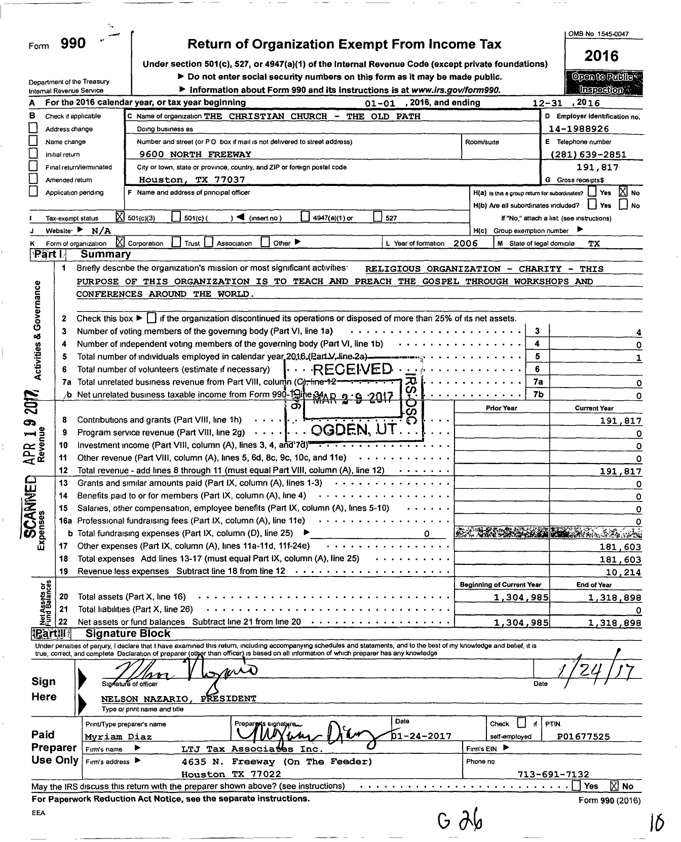 Image of first page of 2016 Form 990 for Iglesia Cristiana La Senda Antigua