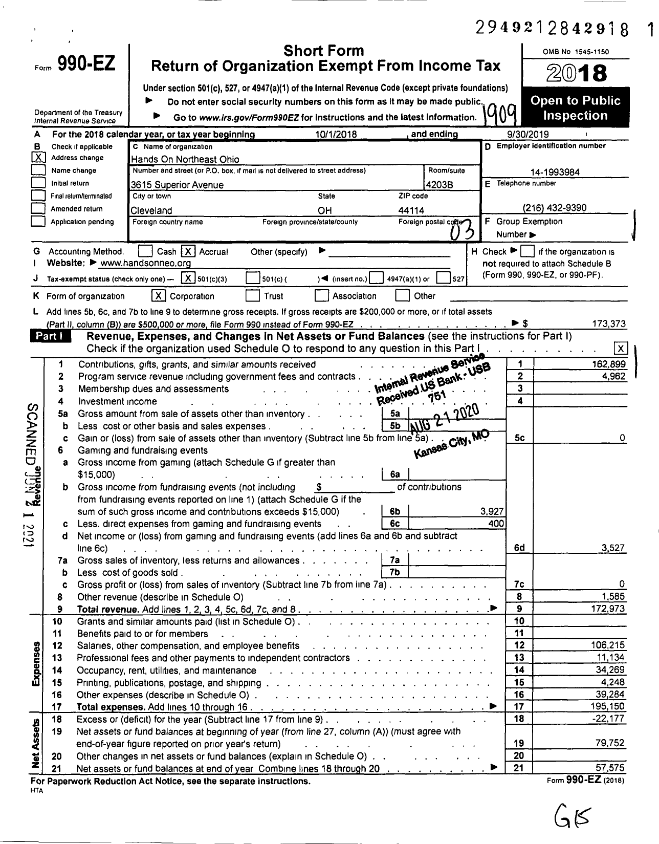 Image of first page of 2018 Form 990EZ for Hands On Northeast Ohio