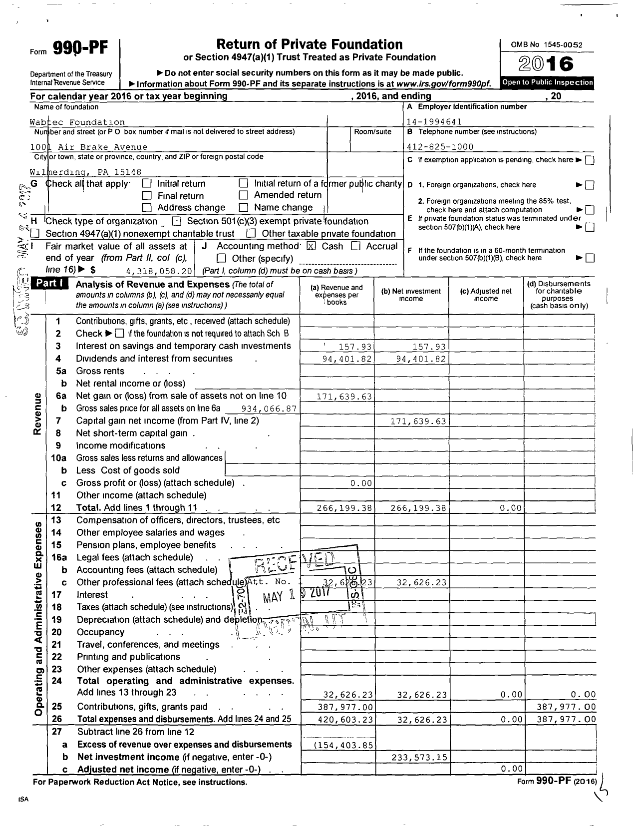 Image of first page of 2016 Form 990PF for Wabtec Foundation