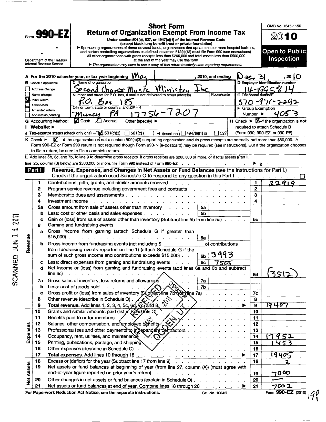 Image of first page of 2010 Form 990EZ for Second Chance Music Ministry