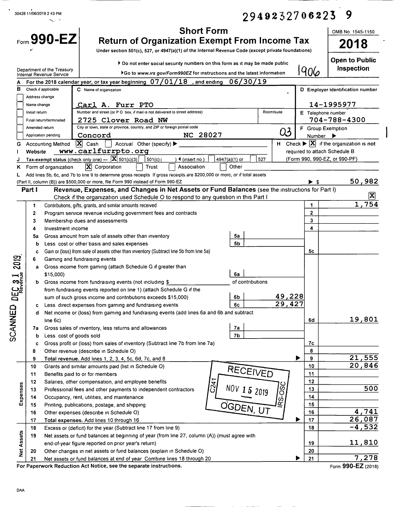 Image of first page of 2018 Form 990EZ for Carl A Furr Pto