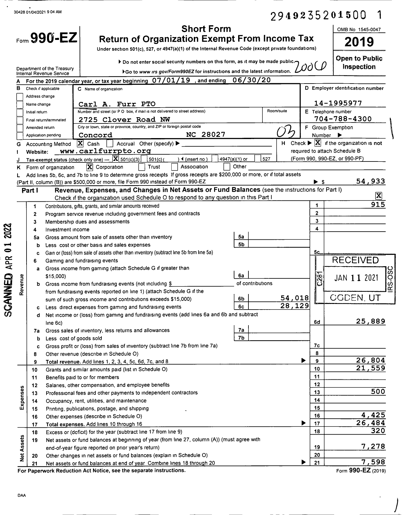 Image of first page of 2019 Form 990EZ for Carl A Furr Pto