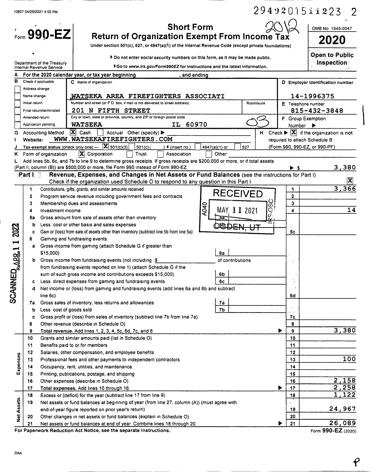 Image of first page of 2020 Form 990EZ for Watseka Area Firefighters Association