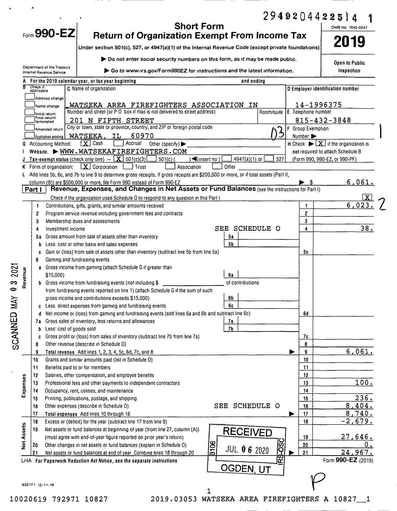 Image of first page of 2019 Form 990EZ for Watseka Area Firefighters Association