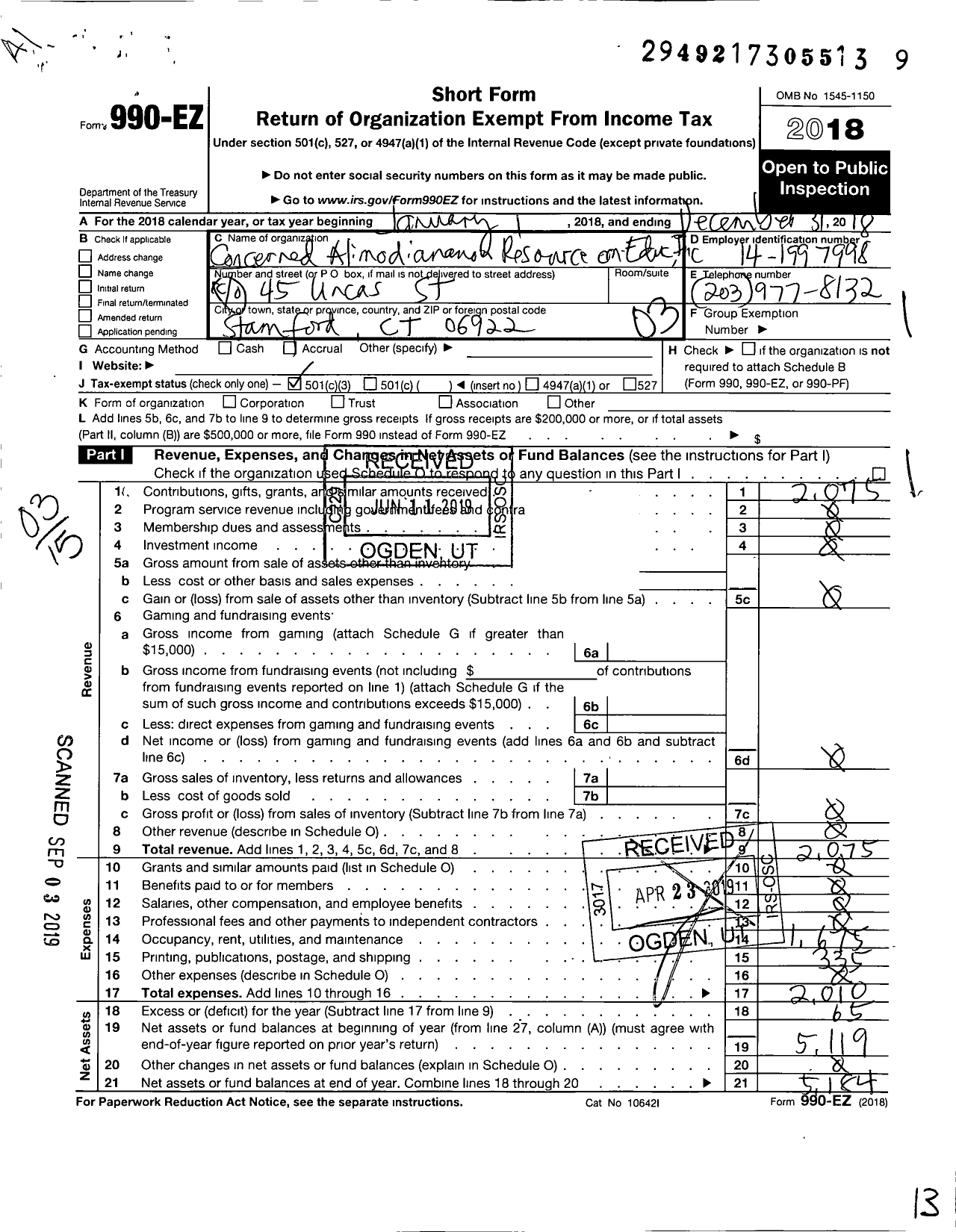 Image of first page of 2018 Form 990EZ for Concerned Alimodiananon Resource on Education