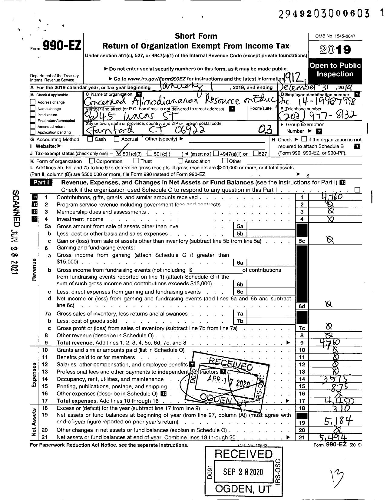 Image of first page of 2019 Form 990EZ for Concerned Alimodiananon Resource on Education