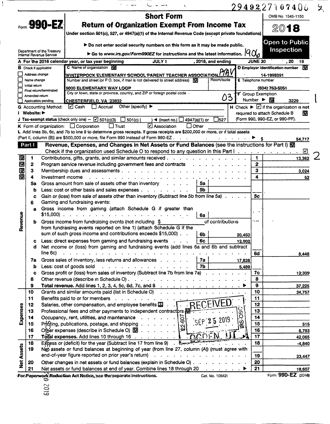 Image of first page of 2018 Form 990EZ for Virginia PTA - Winterpock Elementary School PTA