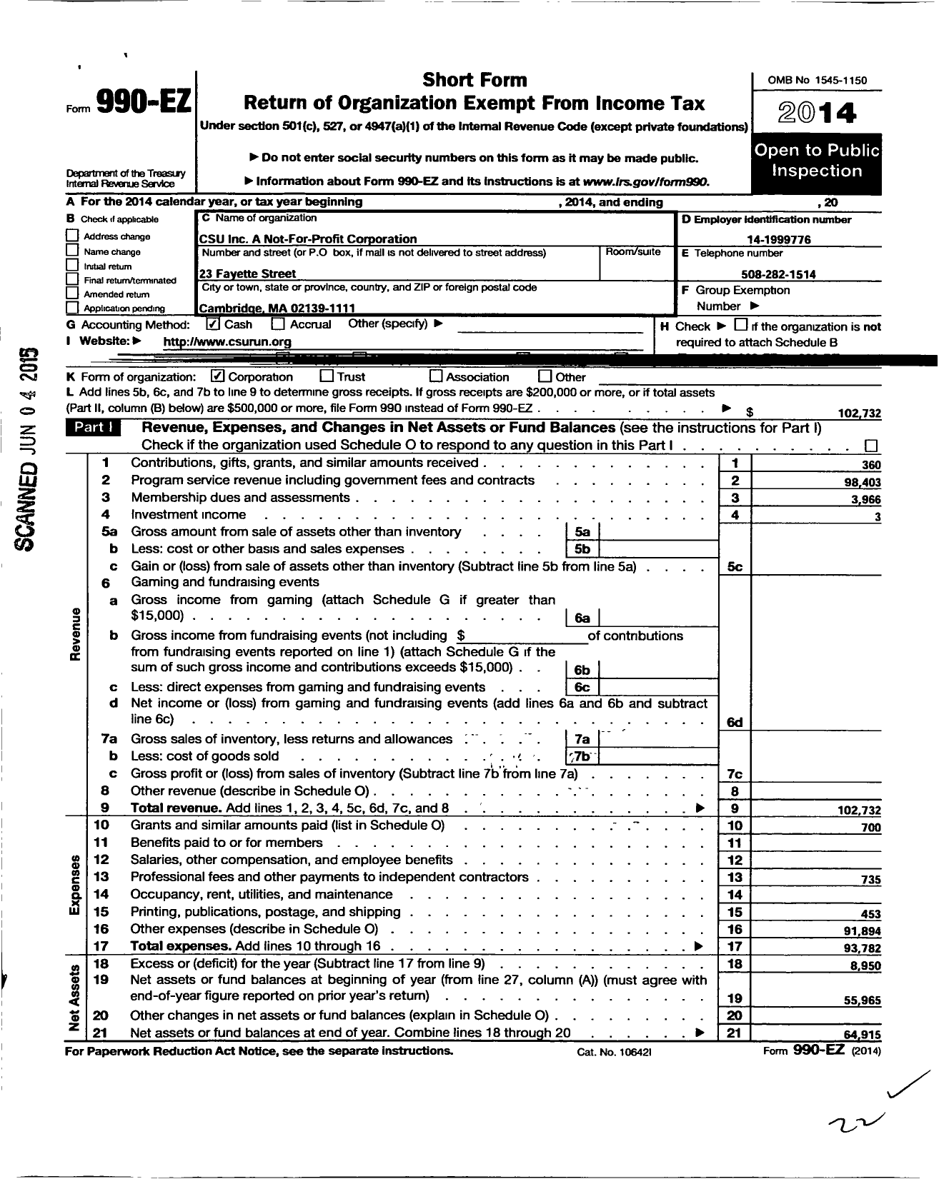 Image of first page of 2014 Form 990EO for Csu A Not-For-Frofit Corporation