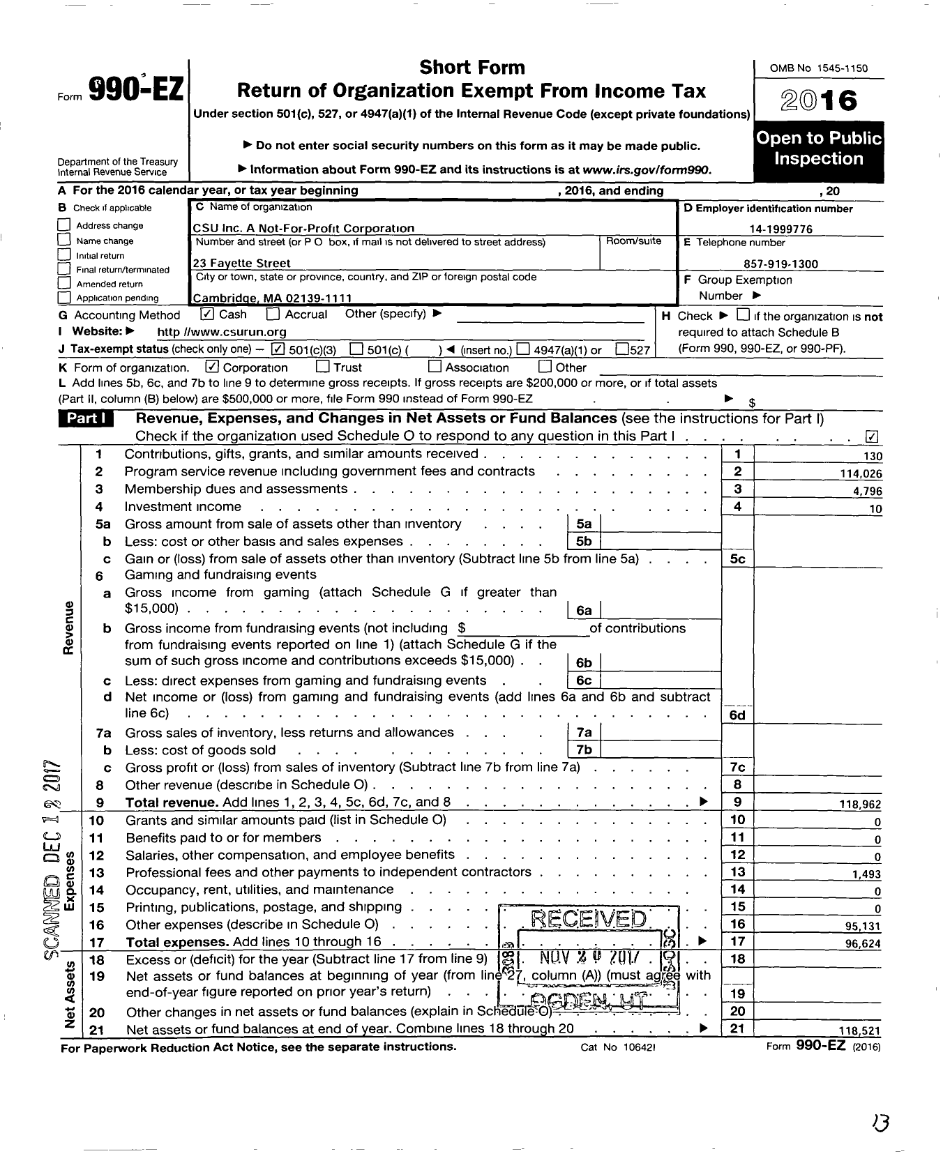 Image of first page of 2016 Form 990EZ for Csu A Not-For-Frofit Corporation