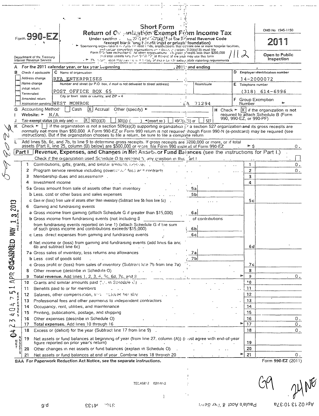 Image of first page of 2011 Form 990EZ for Rfa Enterprises