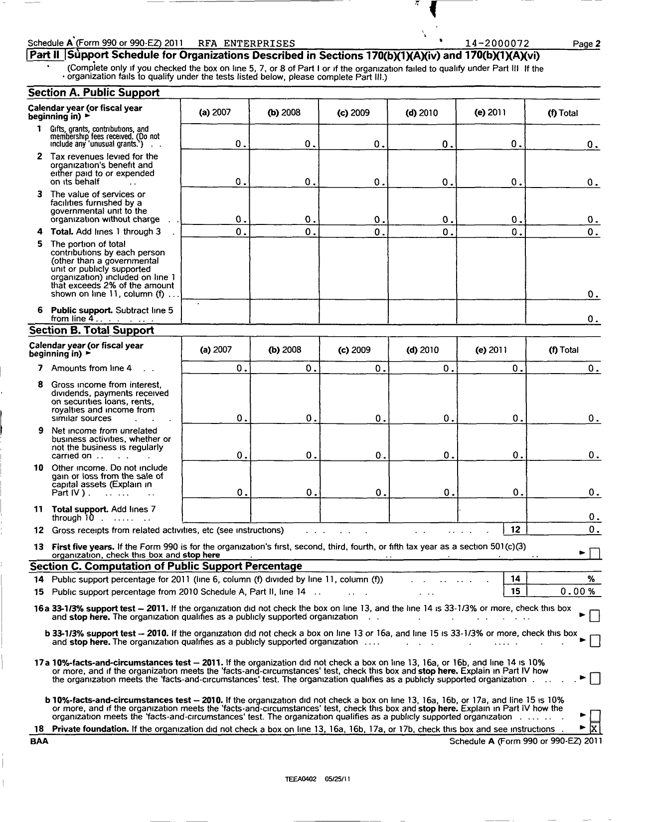 Image of first page of 2011 Form 990ER for Rfa Enterprises