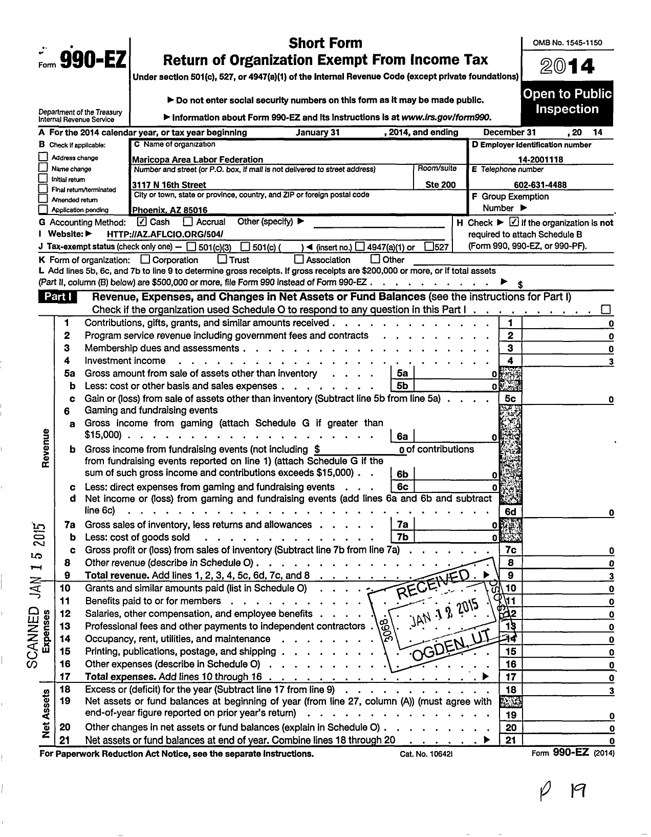 Image of first page of 2014 Form 990EO for AFL-CIO - Maricopa Area Labor Federation