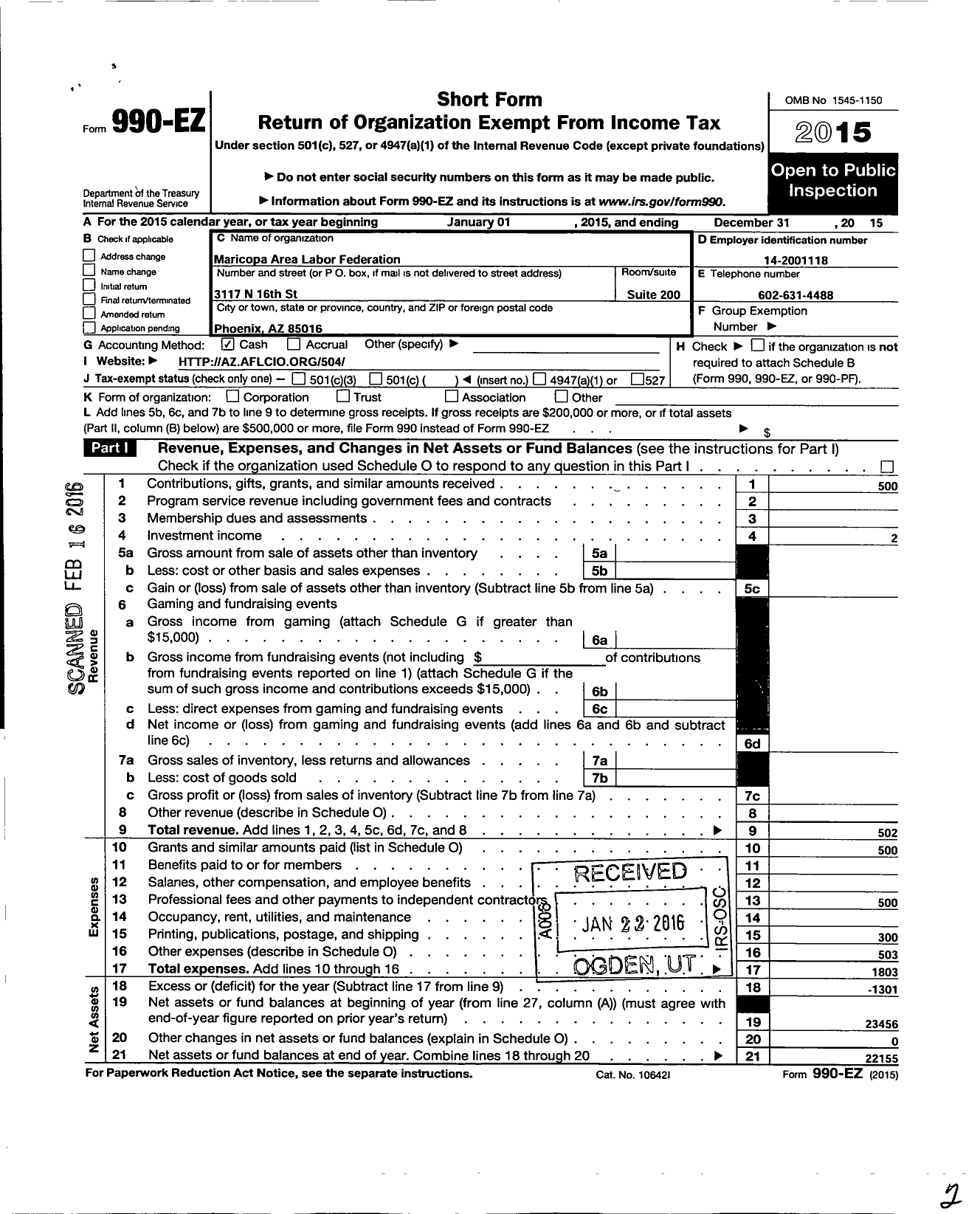 Image of first page of 2015 Form 990EO for AFL-CIO - Maricopa Area Labor Federation