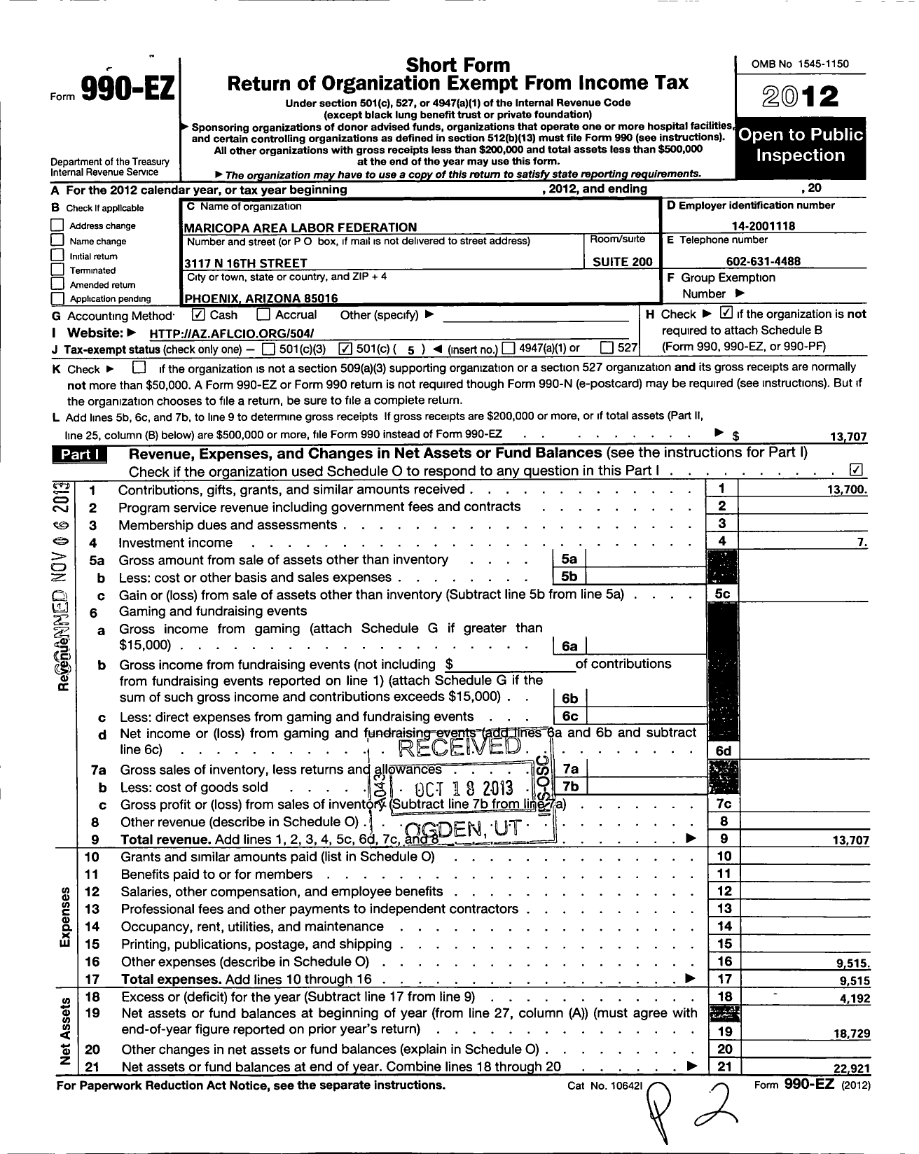 Image of first page of 2012 Form 990EO for AFL-CIO - Maricopa Area Labor Federation