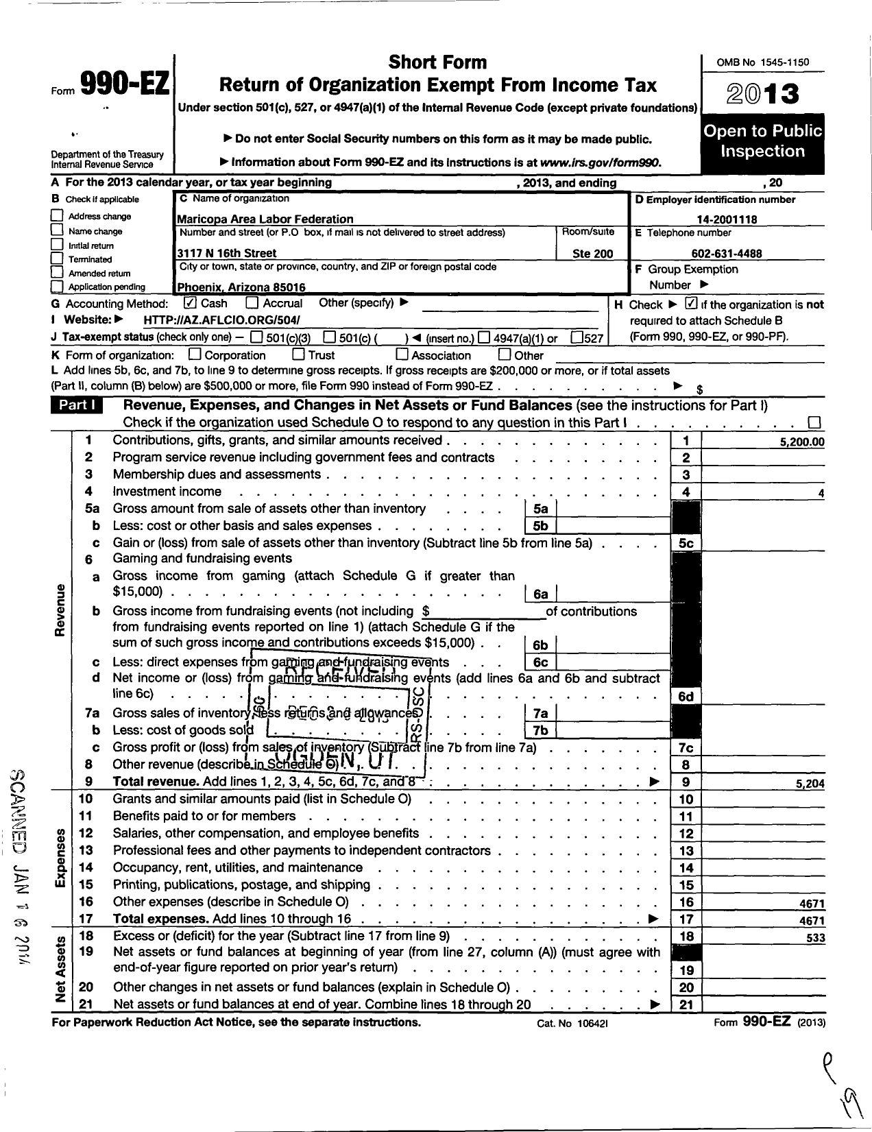 Image of first page of 2013 Form 990EO for AFL-CIO - Maricopa Area Labor Federation