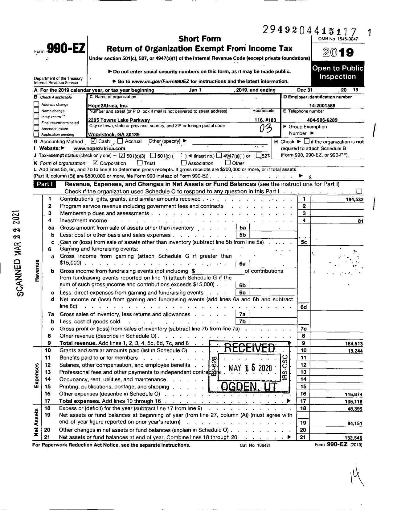 Image of first page of 2019 Form 990EZ for Hope2africa 2 Africa