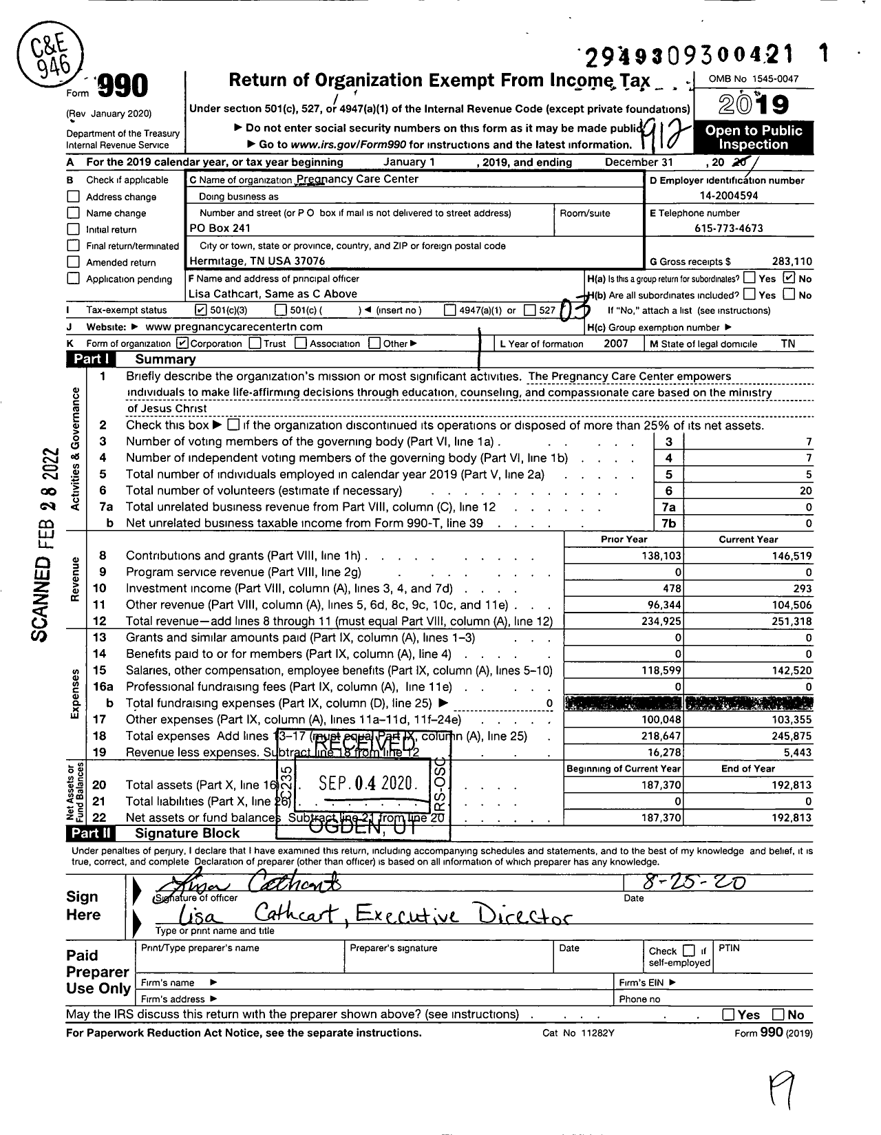 Image of first page of 2019 Form 990 for Pregnancy Care Center