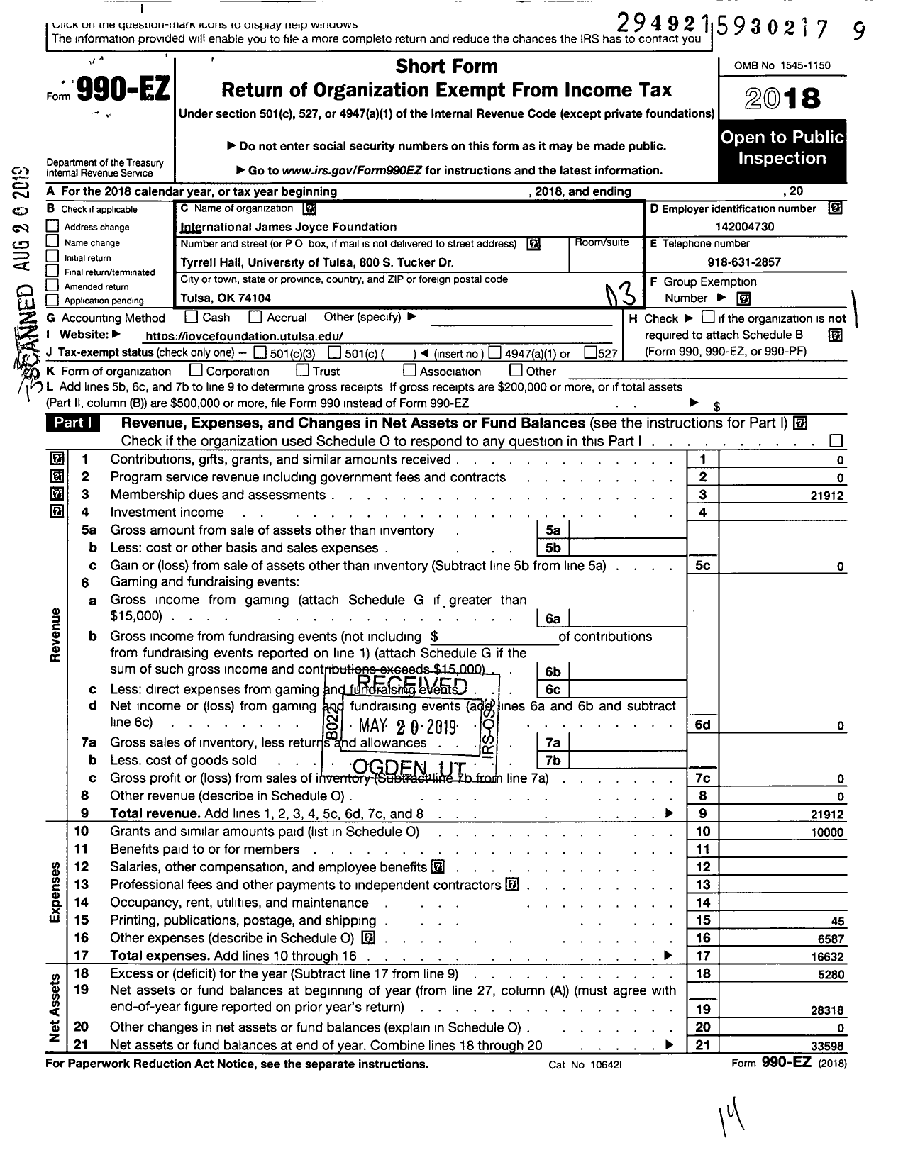 Image of first page of 2018 Form 990EZ for International James Joyce Foundation