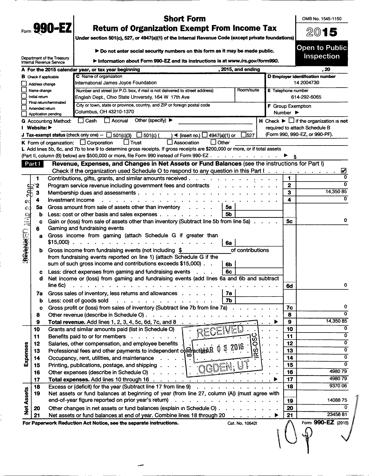 Image of first page of 2015 Form 990EO for International James Joyce Foundation