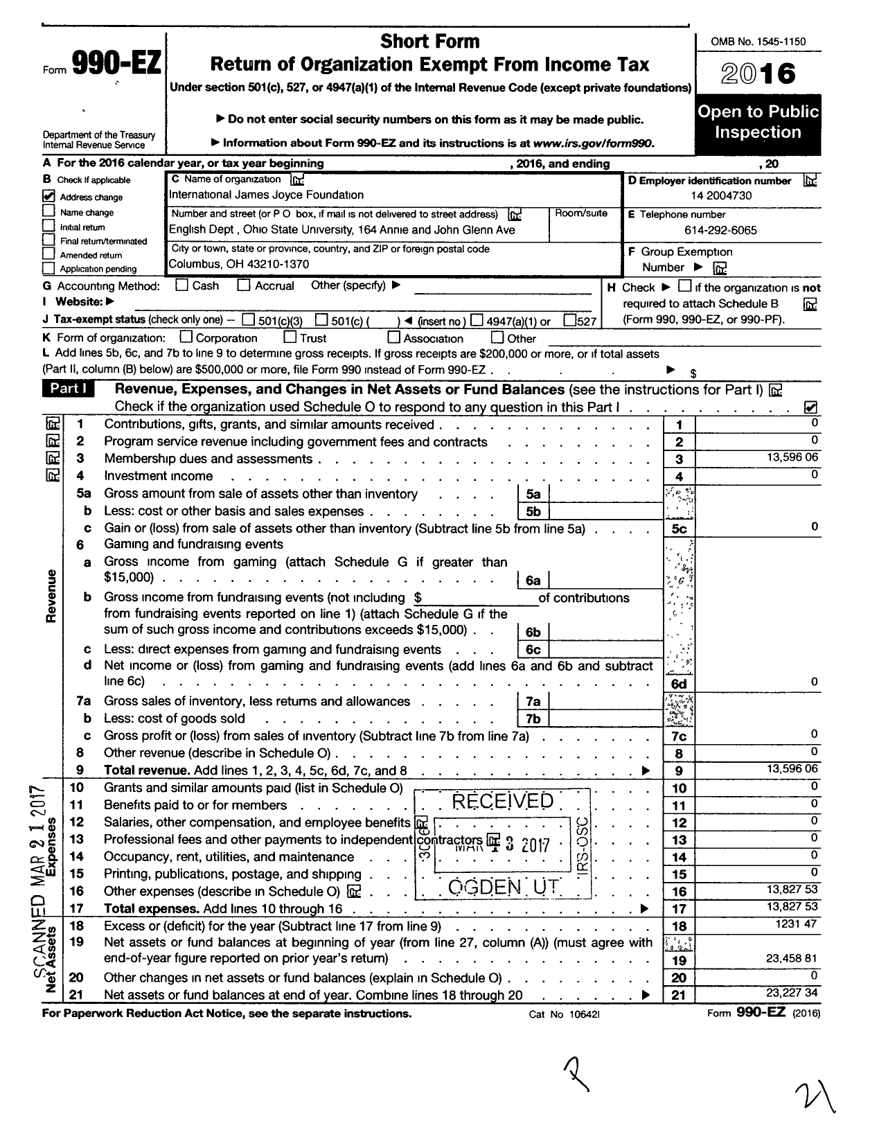 Image of first page of 2016 Form 990EO for International James Joyce Foundation