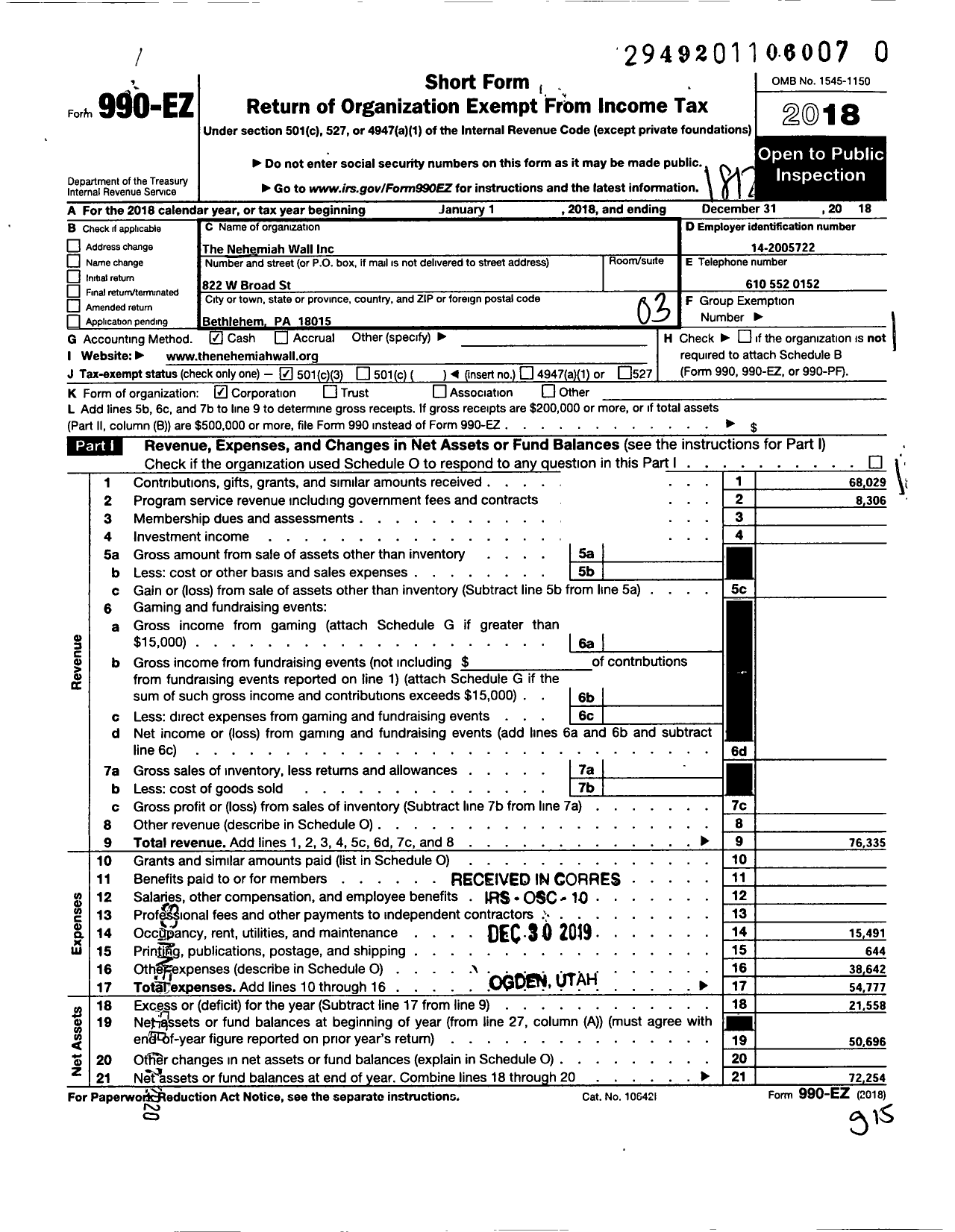 Image of first page of 2018 Form 990EZ for The Nehemiah Wall