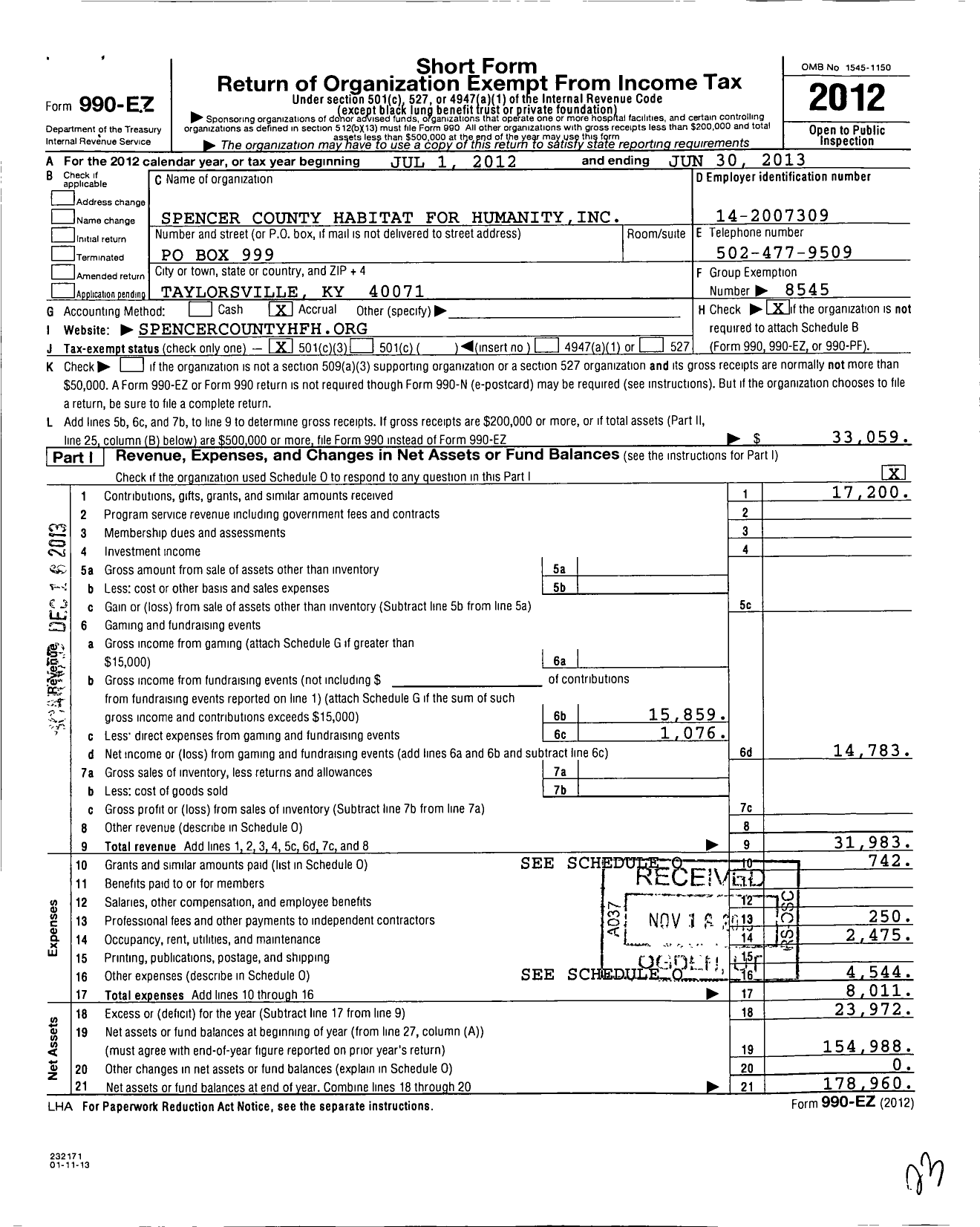 Image of first page of 2012 Form 990EZ for Habitat for Humanity - Spencer County