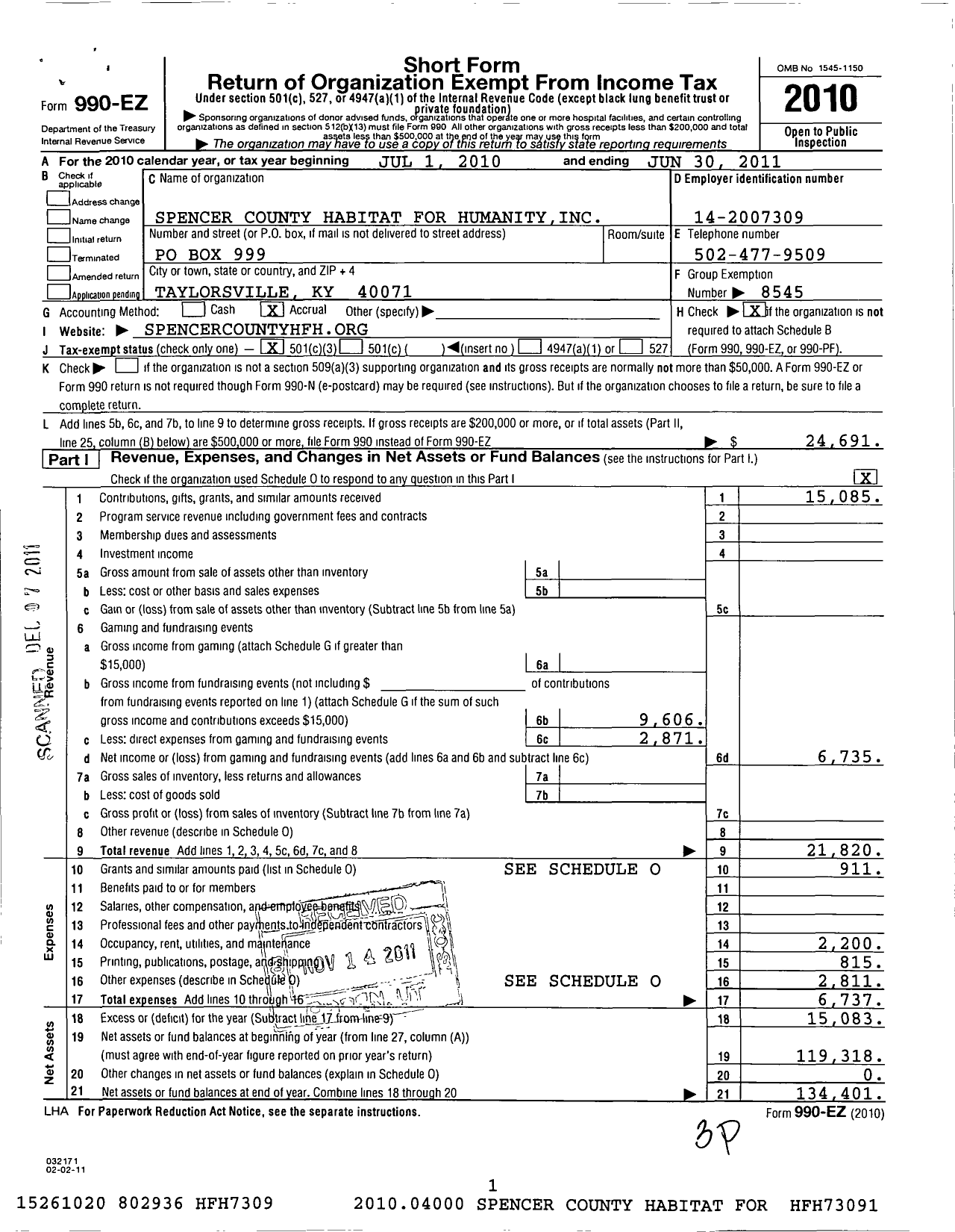 Image of first page of 2010 Form 990EZ for Habitat for Humanity - Spencer County