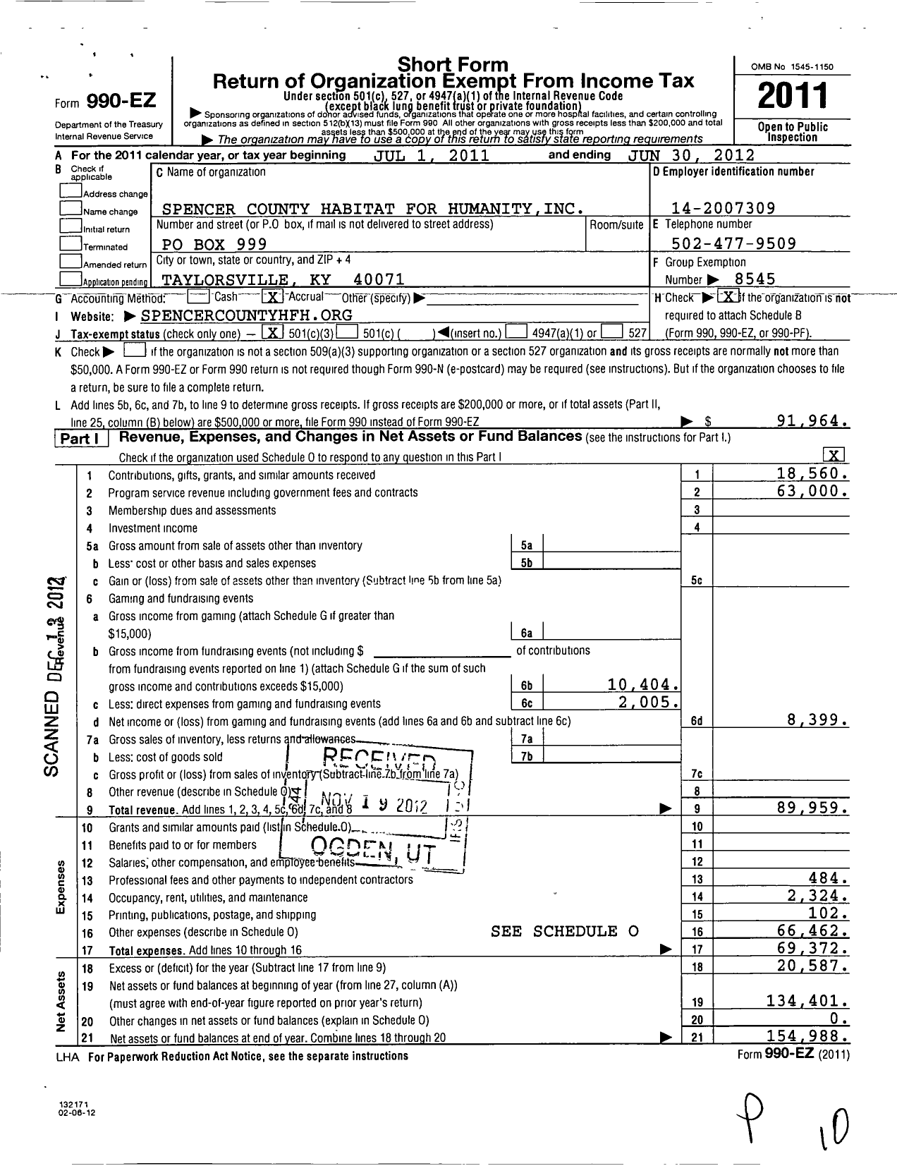 Image of first page of 2011 Form 990EZ for Habitat for Humanity - Spencer County