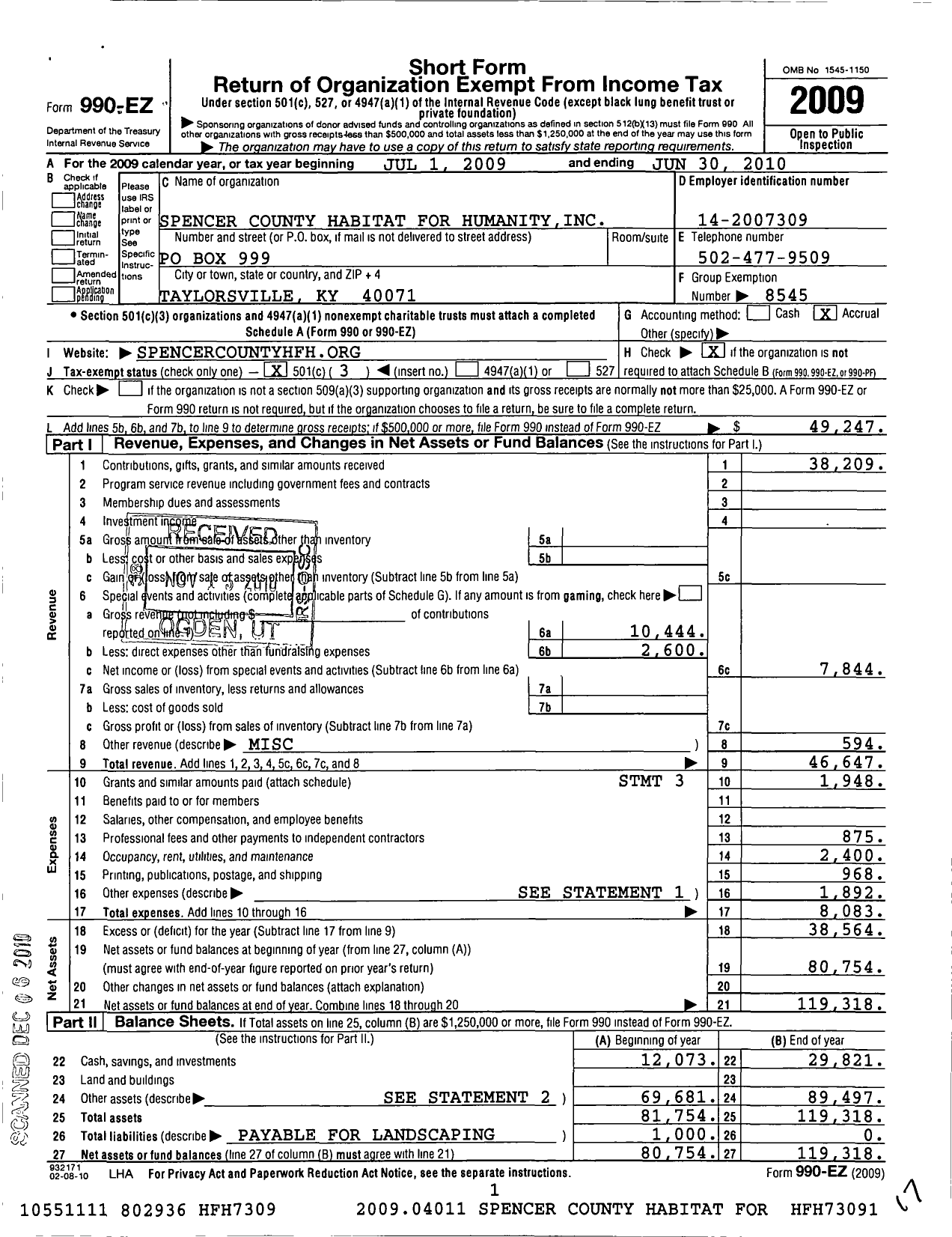 Image of first page of 2009 Form 990EZ for Habitat for Humanity - Spencer County