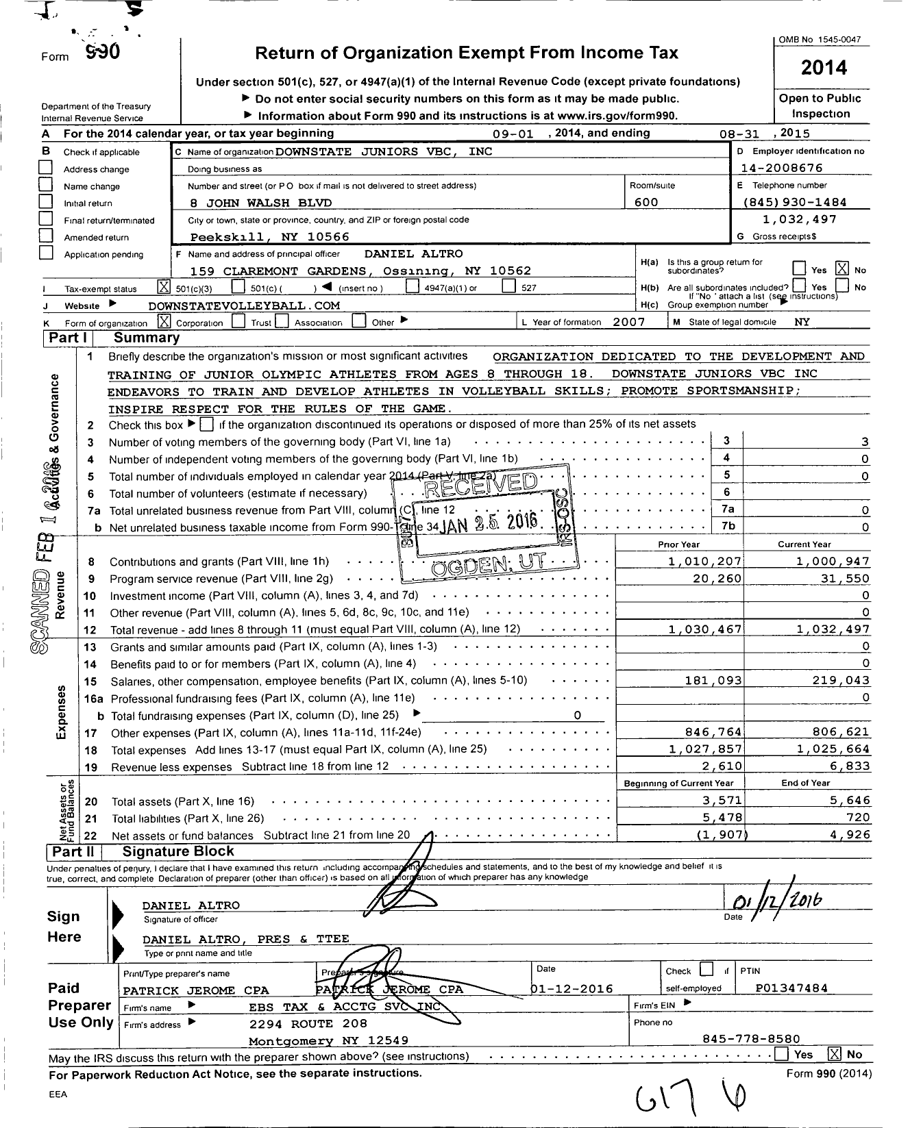 Image of first page of 2014 Form 990 for Downstate Juniors VBC
