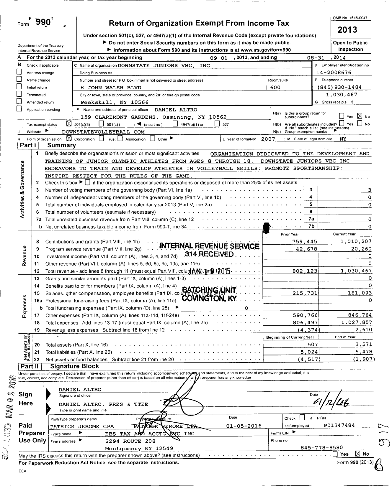 Image of first page of 2013 Form 990 for Downstate Juniors VBC