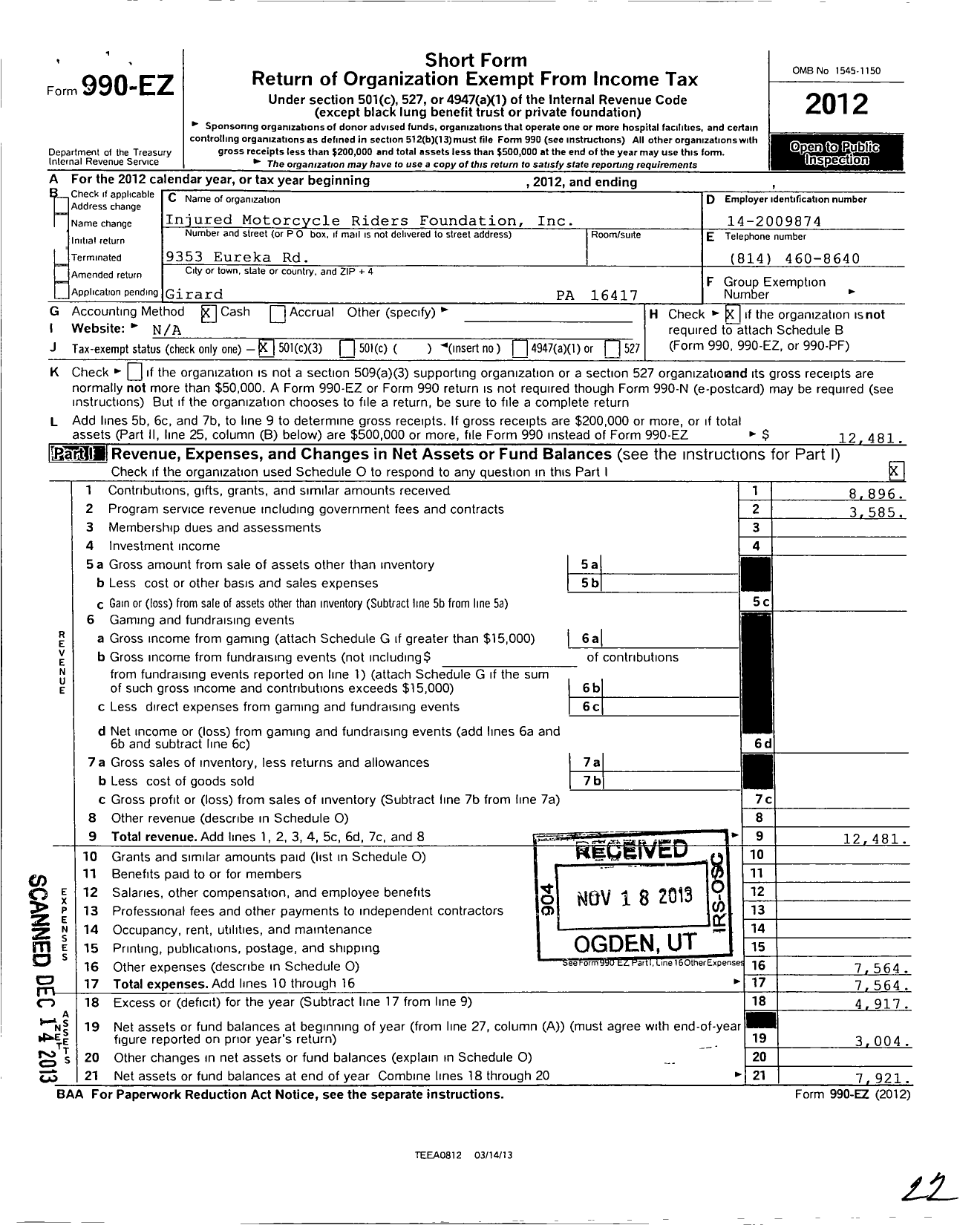 Image of first page of 2012 Form 990EZ for Injured Motorcycle Riders Foundation