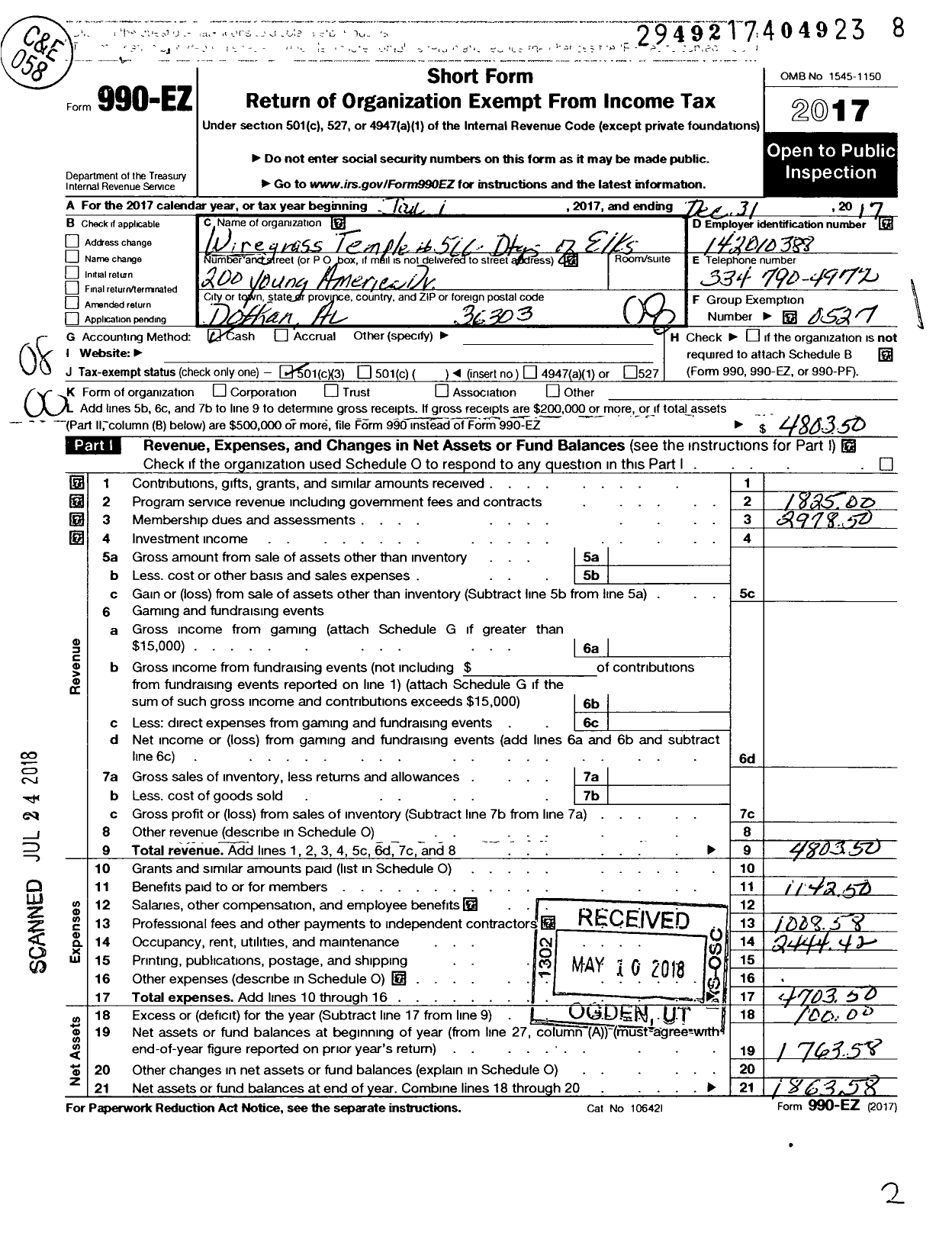 Image of first page of 2017 Form 990EO for Improved Benevolent and Protective Order of Elks of the World - 566 Elks Wiregrass Temple