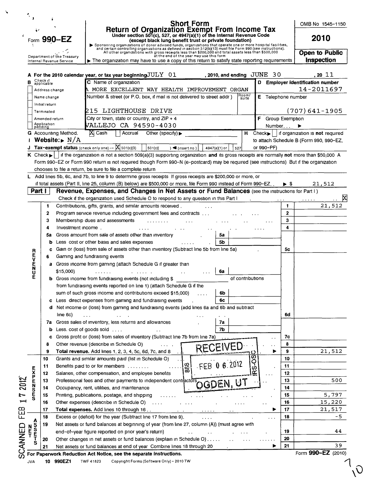 Image of first page of 2010 Form 990EZ for A More Excellent Way Health Improvement Organization