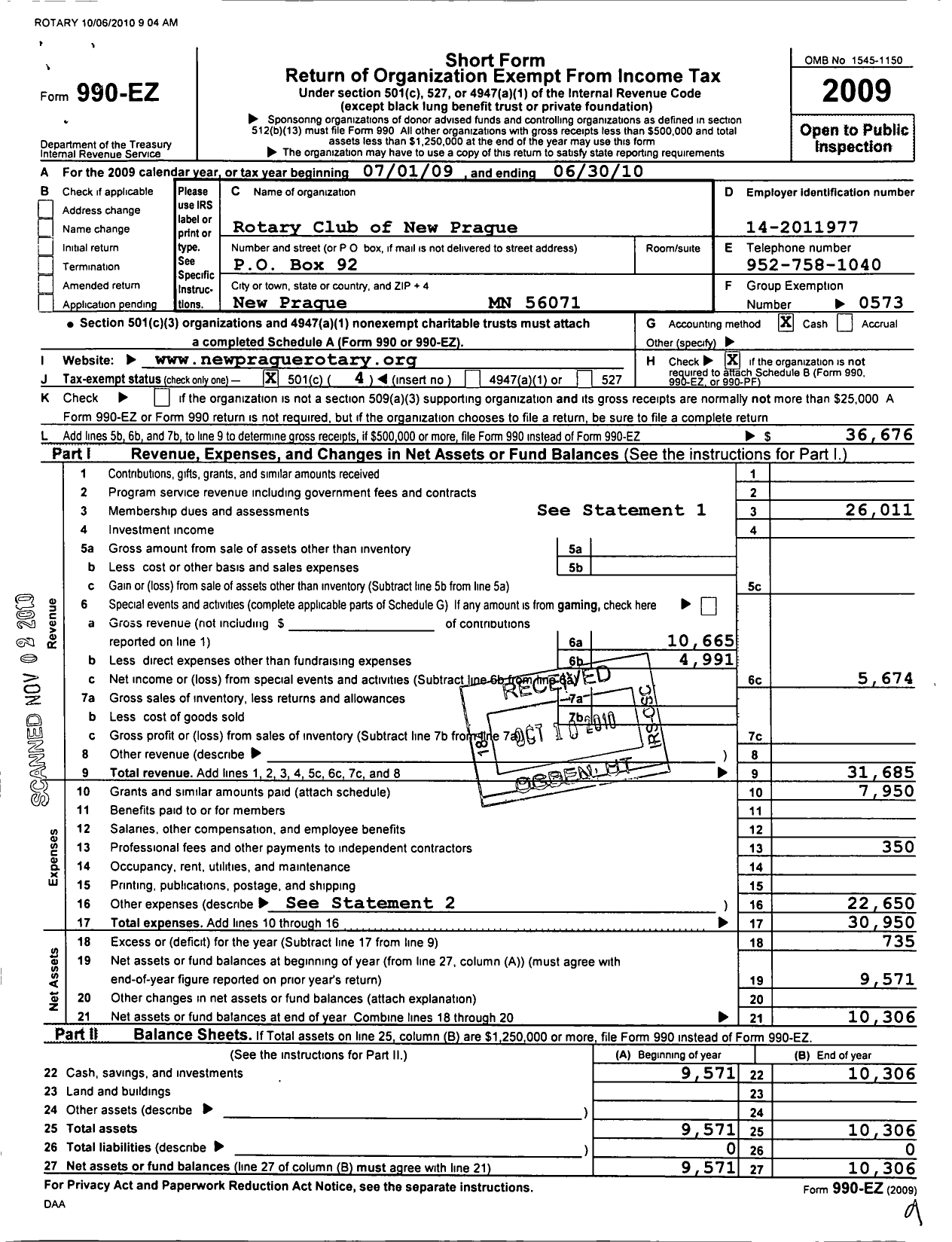 Image of first page of 2009 Form 990EO for Rotary International - New Prague