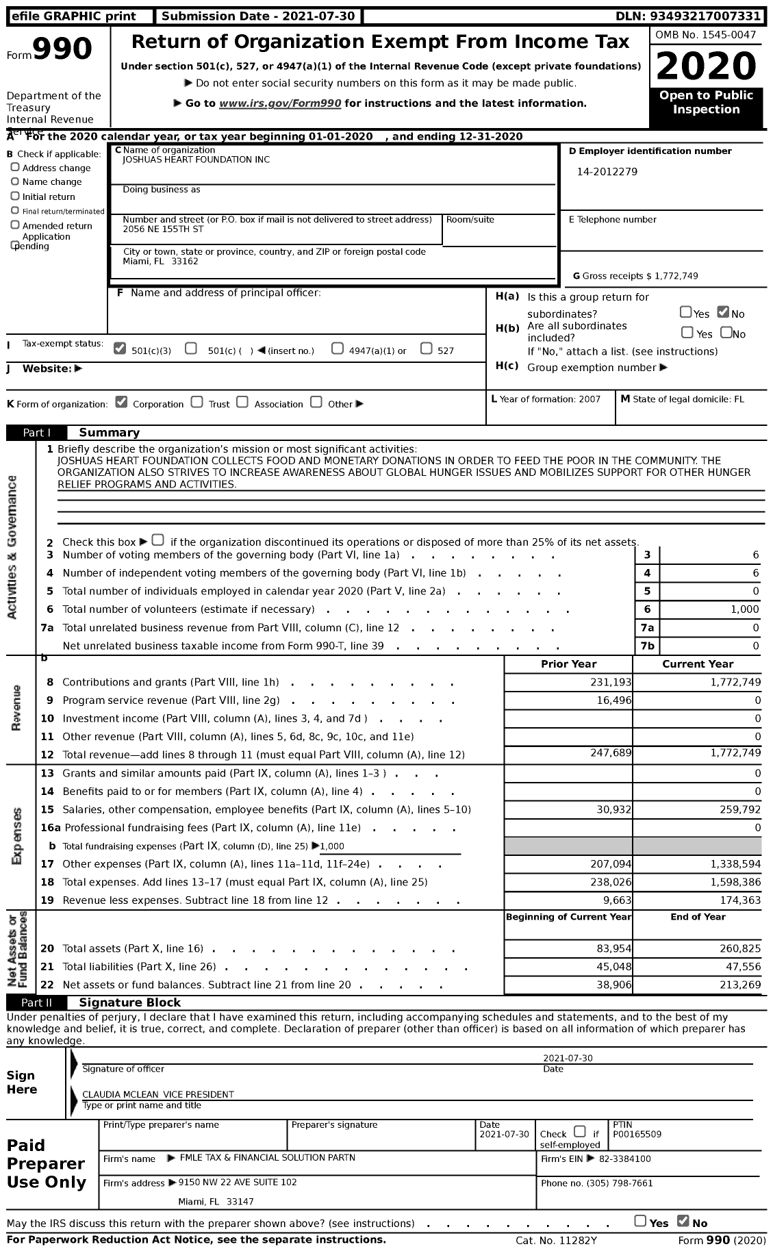 Image of first page of 2020 Form 990 for Joshua's Heart Foundation