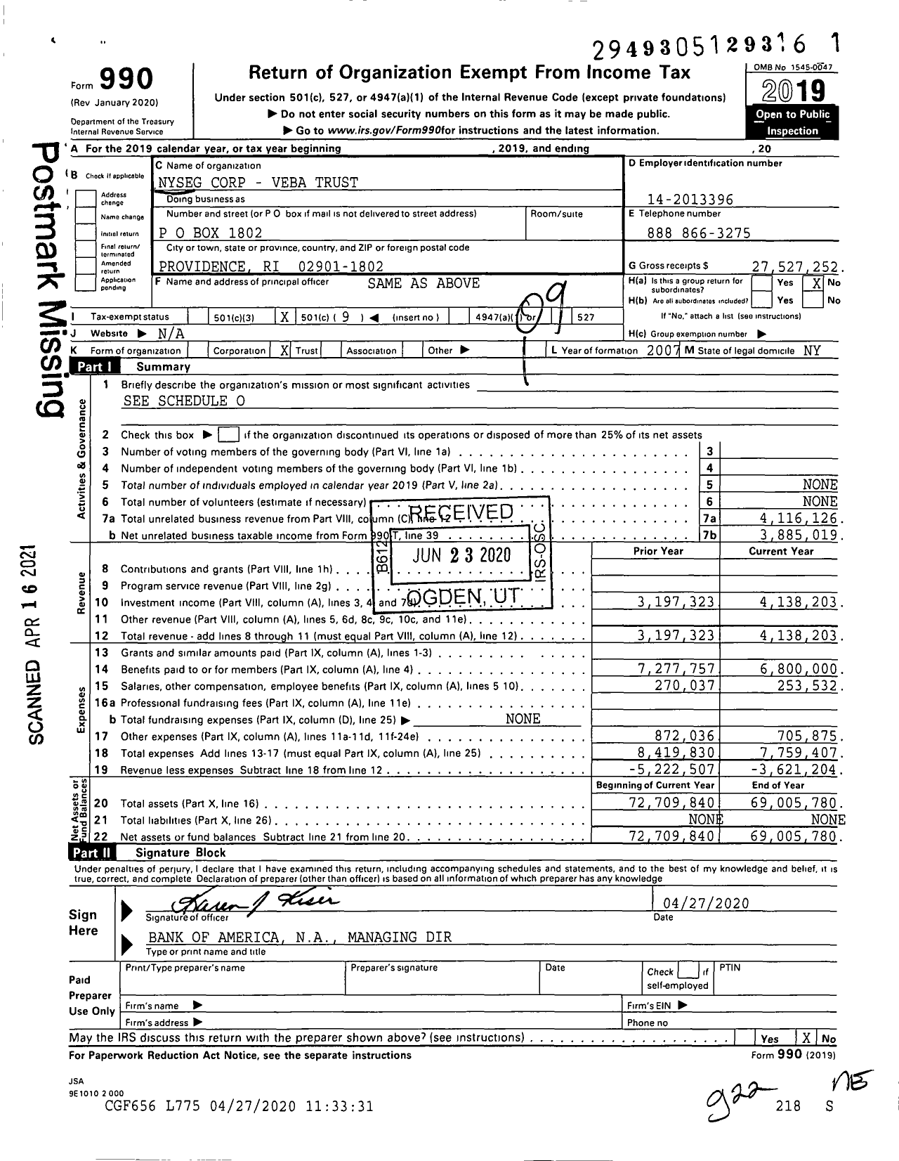 Image of first page of 2019 Form 990O for New York State Electric and Gas Corp Post-Retirement Medical Plan Trust