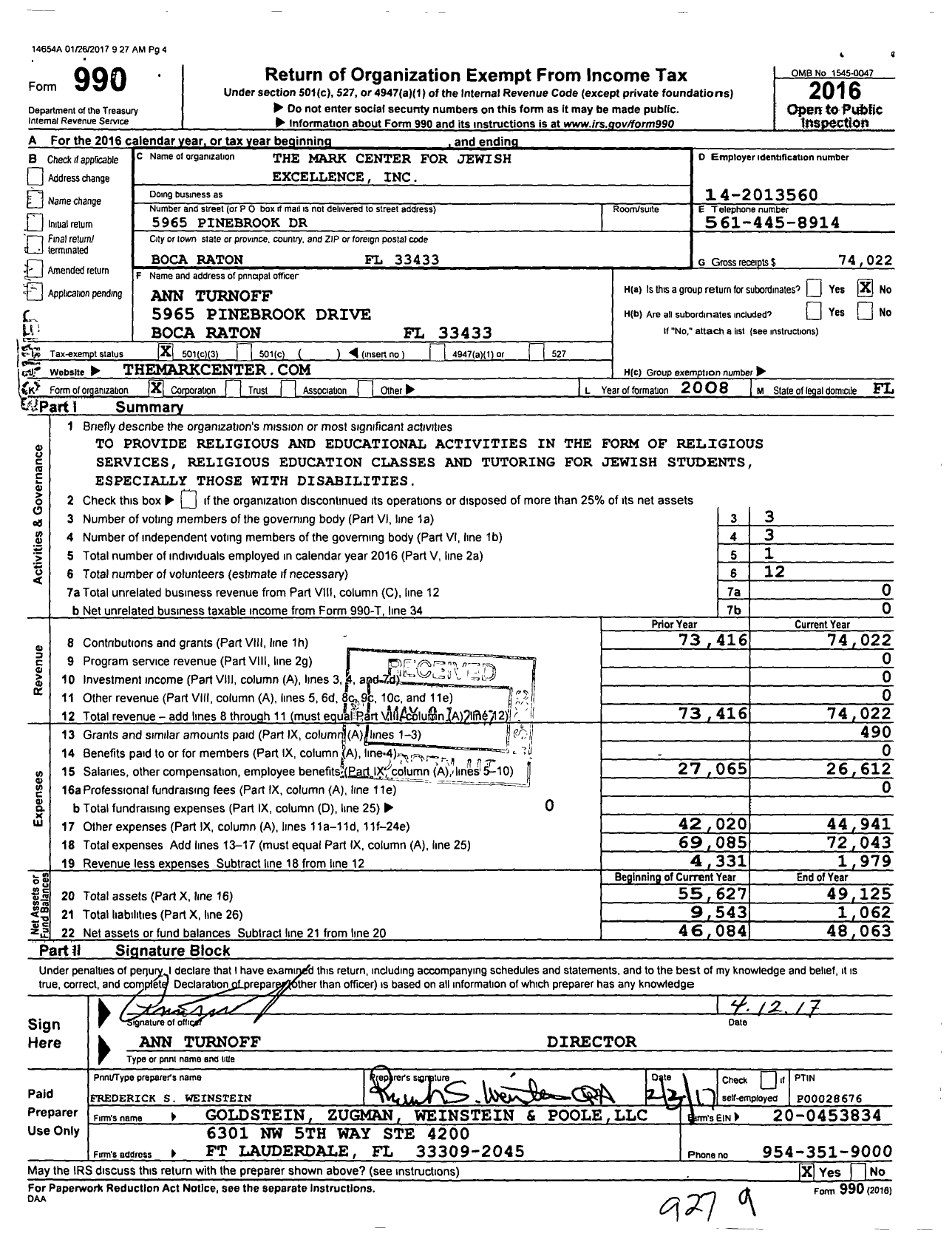 Image of first page of 2016 Form 990 for The Mark Center for Jewish Excellence