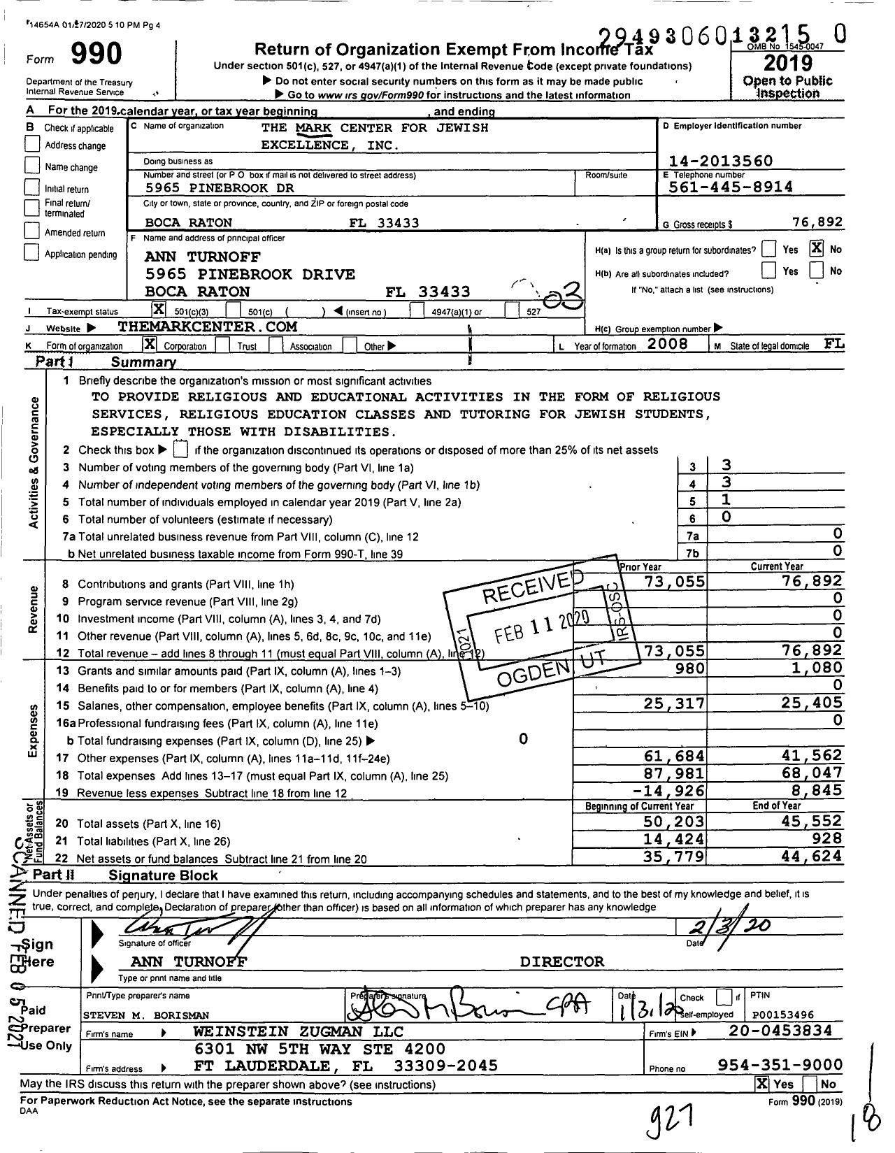 Image of first page of 2019 Form 990 for The Mark Center for Jewish Excellence