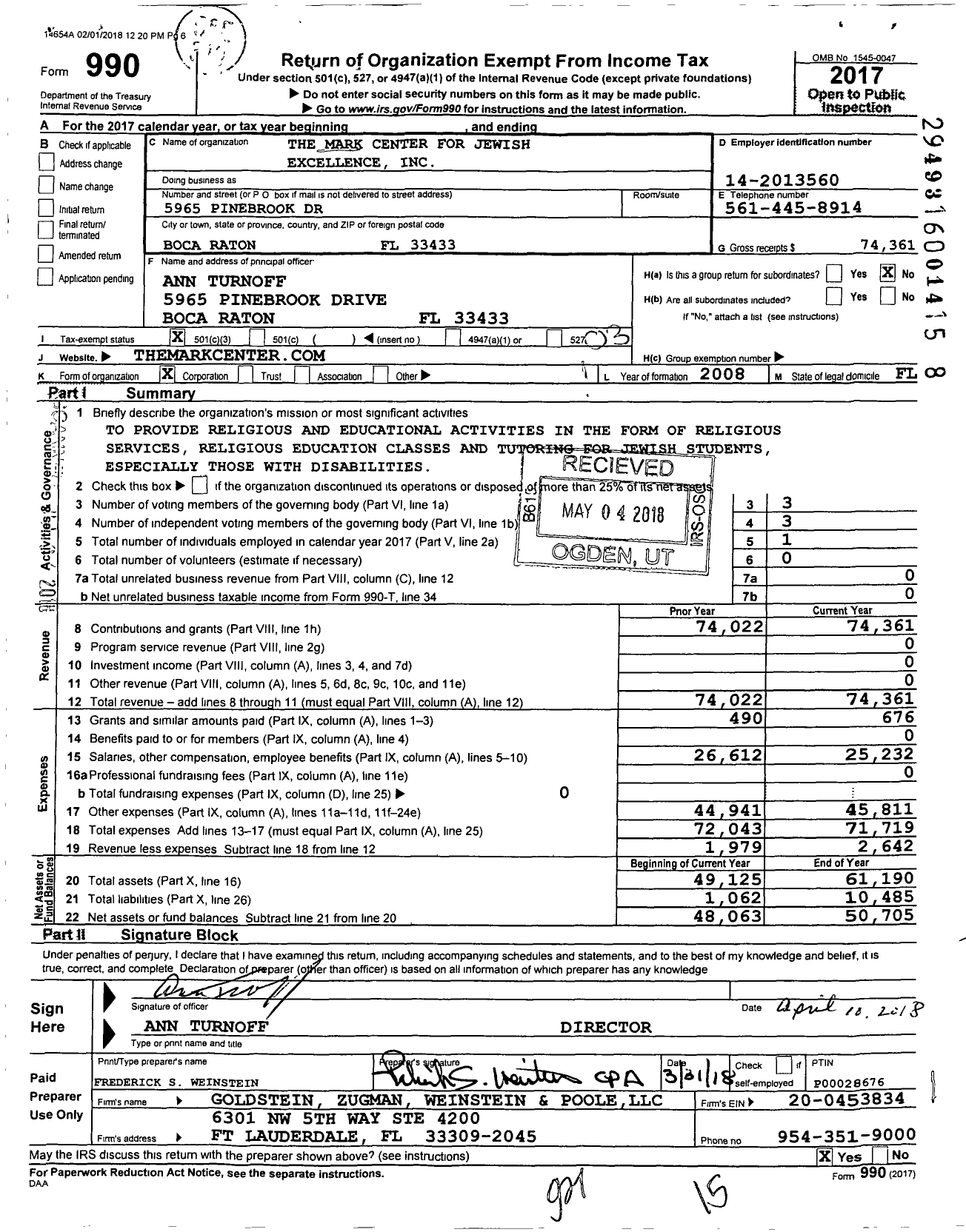 Image of first page of 2017 Form 990 for The Mark Center for Jewish Excellence