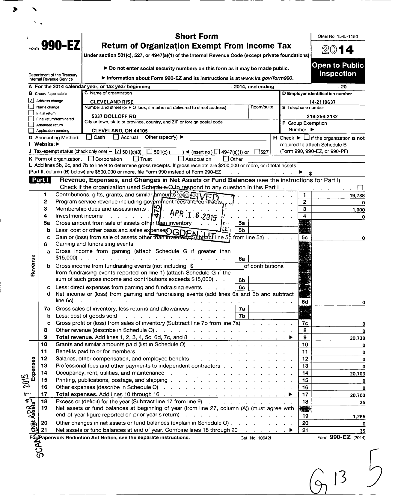 Image of first page of 2014 Form 990EZ for Cleveland Rise