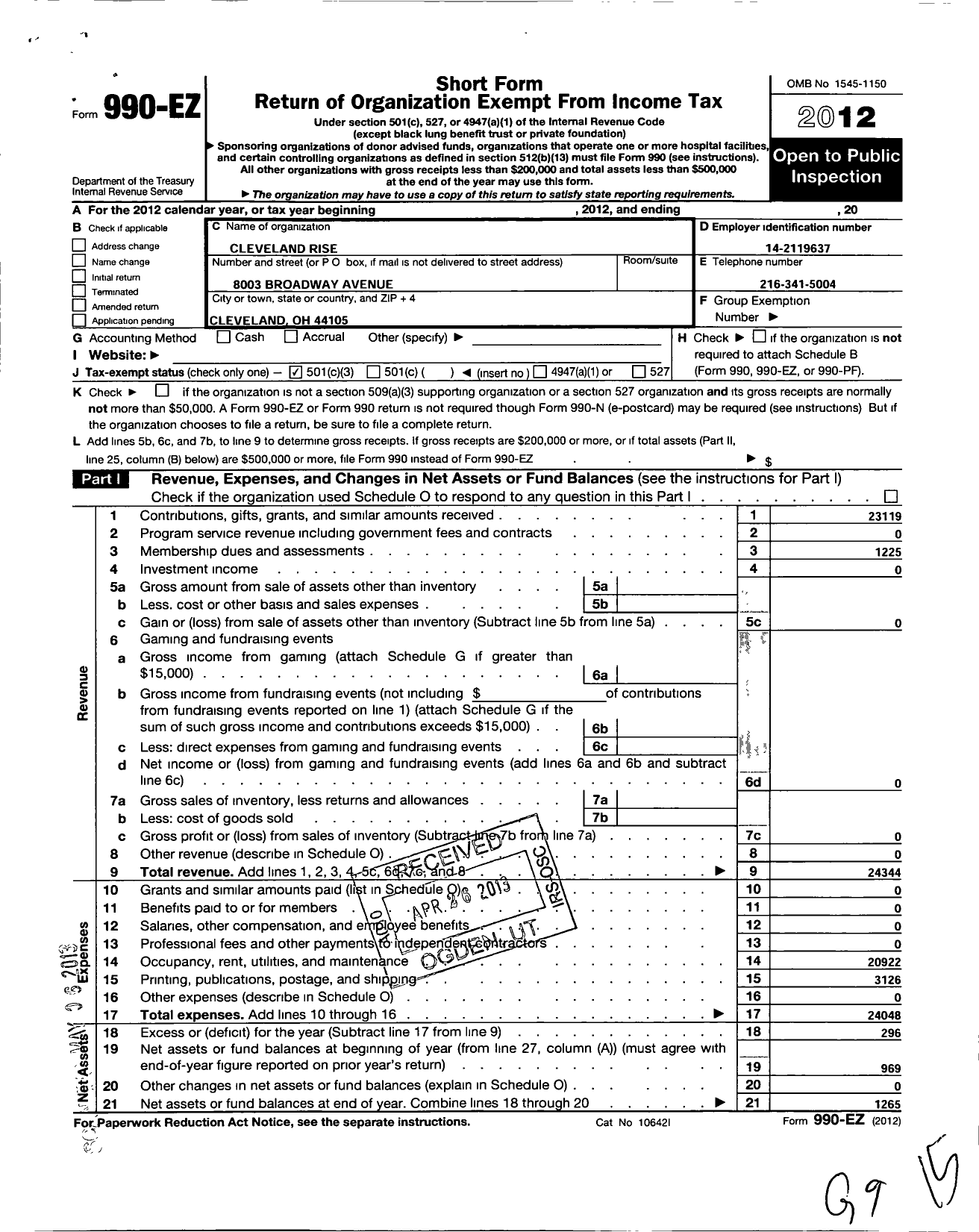 Image of first page of 2012 Form 990EZ for Cleveland Rise
